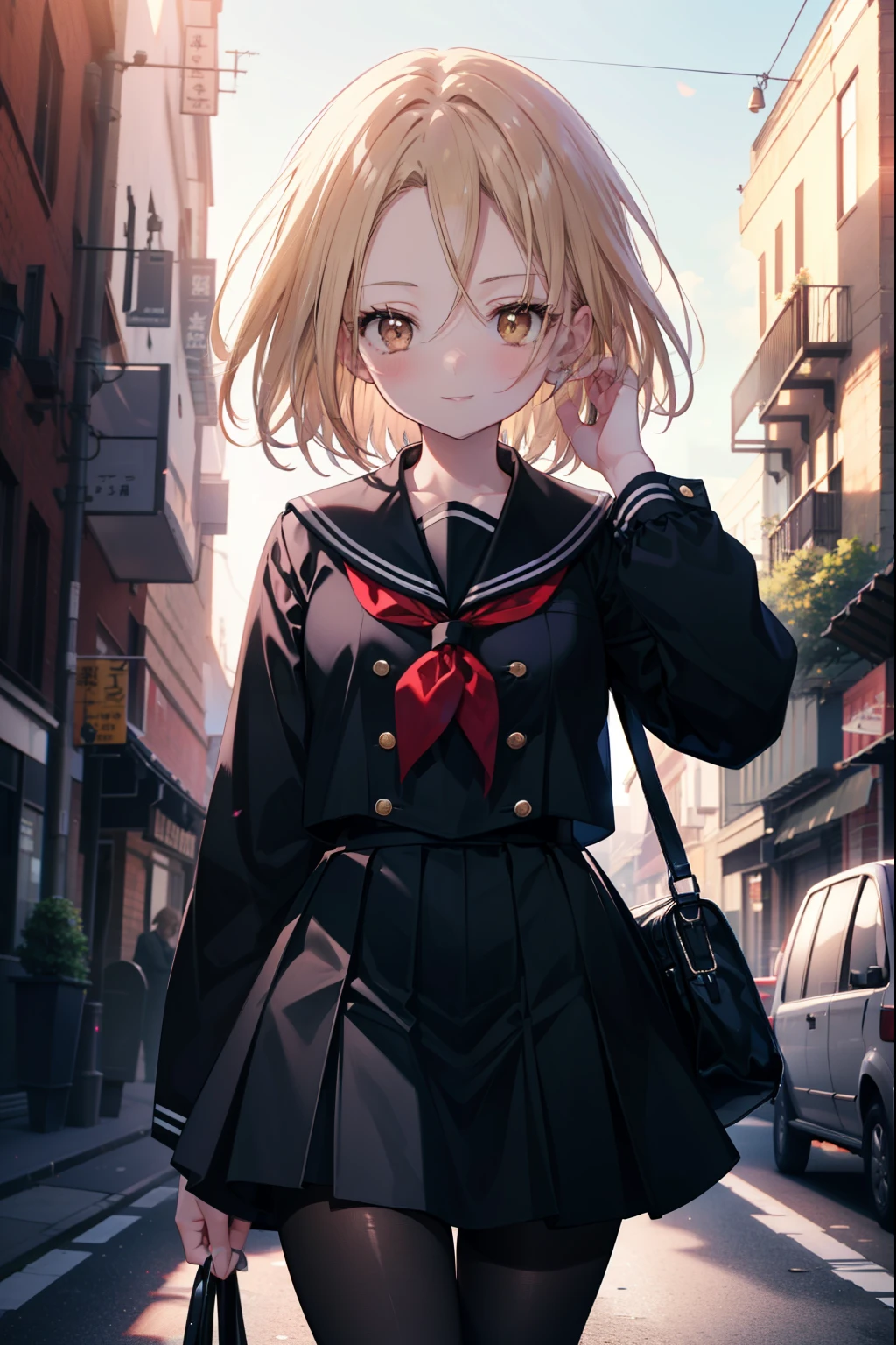 annakyouyama, anna kyouyama, blonde hair, short hair, (brown eyes:1.7),smile,blush,prayer beads hanging around my neck,black long sleeve sailor uniform,black pleated skirt,White pantyhose,black loafers,walking,Asahi,朝
break looking at viewer, whole body,
break outdoors, In town,building street,
break (masterpiece:1.2), highest quality, High resolution, unity 8k wallpaper, (figure:0.8), (detailed and beautiful eyes:1.6), highly detailed face, perfect lighting, Very detailed CG, (perfect hands, perfect anatomy),