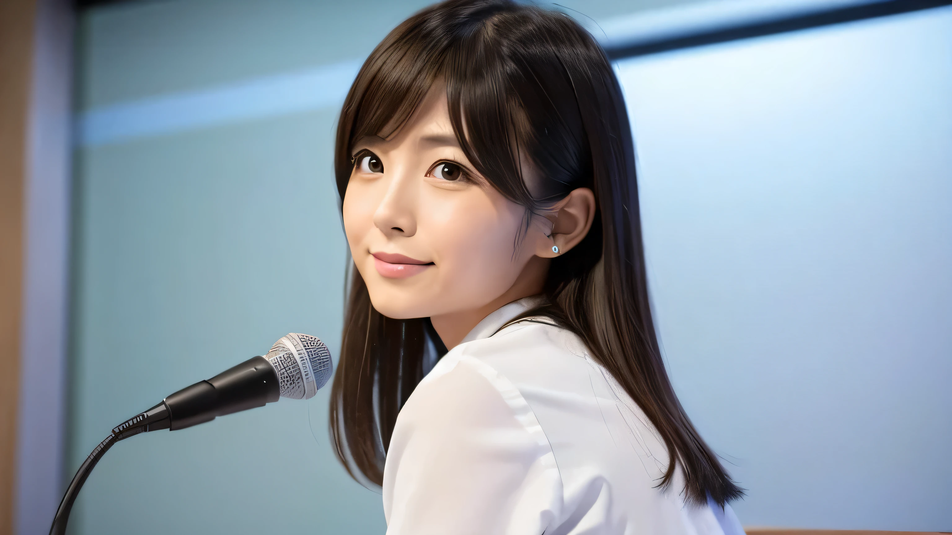 a cute Japanese news caster, simple background