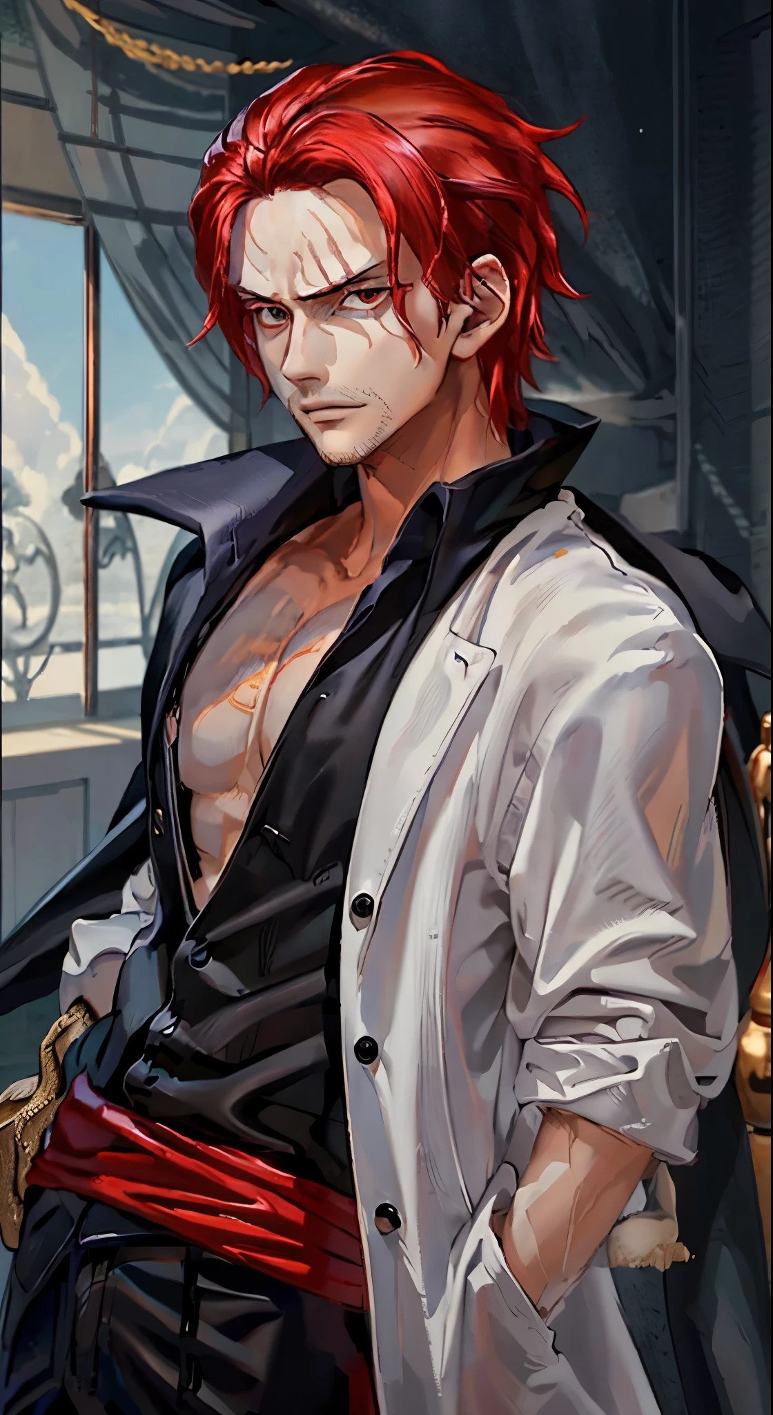 Boy, cool, glare, black eyeballs, fair skin, red hair, red hair colors, white oclothes colors, black clothes colors, elegant boy, cool boy, elegant pose, cool pose, realistic, in room pose, gaze looking at the camera