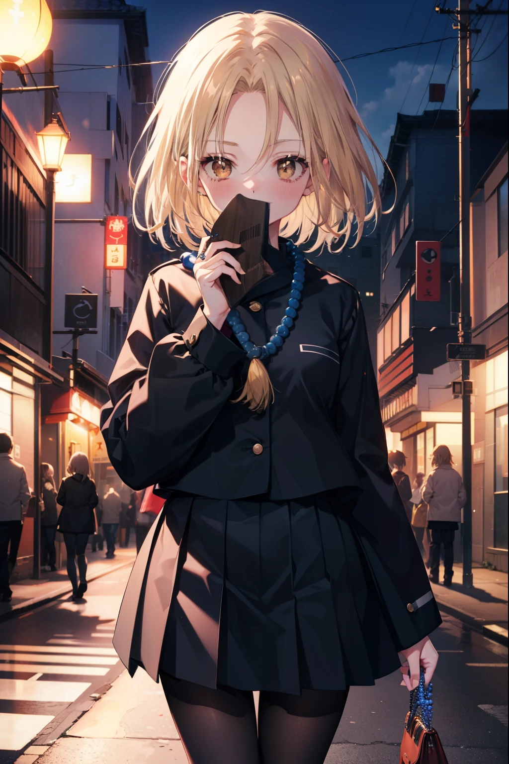 annakyouyama, anna kyouyama, blonde hair, short hair, (brown eyes:1.7),smile,blush,prayer beads hanging around my neck,black long sleeve sailor uniform,black pleated skirt,White pantyhose,black loafers,walking,Asahi,朝
break looking at viewer, whole body,
break outdoors, In town,building street,
break (masterpiece:1.2), highest quality, High resolution, unity 8k wallpaper, (figure:0.8), (detailed and beautiful eyes:1.6), highly detailed face, perfect lighting, Very detailed CG, (perfect hands, perfect anatomy),