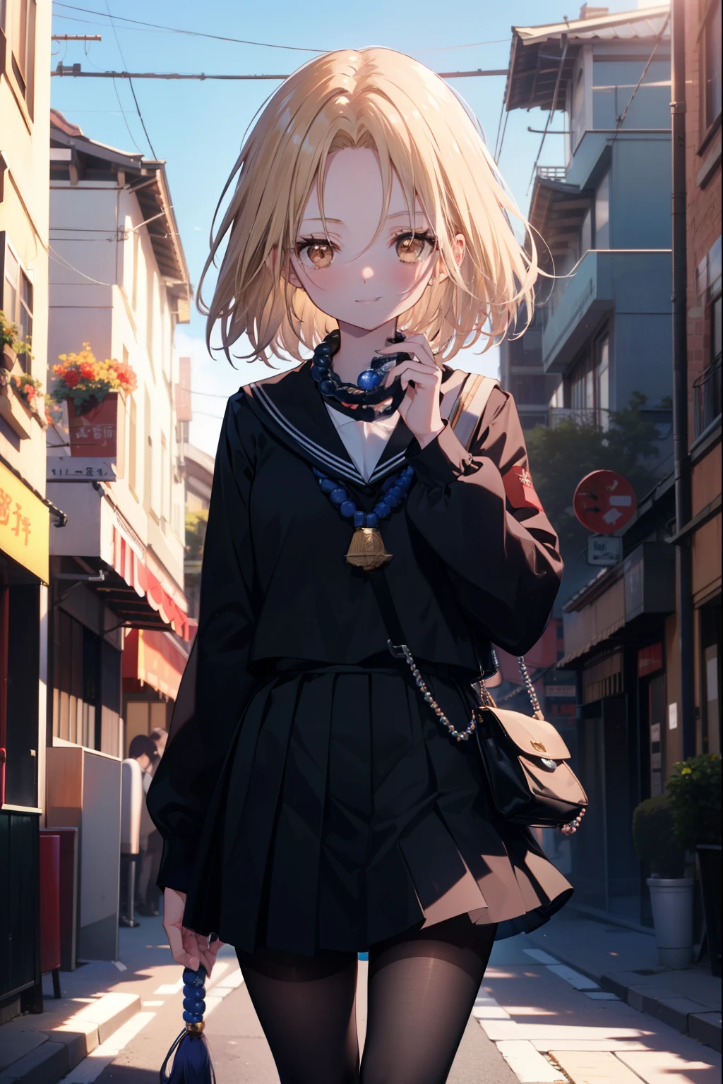 annakyouyama, anna kyouyama, blonde hair, short hair, (brown eyes:1.7),smile,blush,prayer beads hanging around my neck,black long sleeve sailor uniform,black pleated skirt,White pantyhose,black loafers,walking,Asahi,朝
break looking at viewer, whole body,
break outdoors, In town,building street,
break (masterpiece:1.2), highest quality, High resolution, unity 8k wallpaper, (figure:0.8), (detailed and beautiful eyes:1.6), highly detailed face, perfect lighting, Very detailed CG, (perfect hands, perfect anatomy),