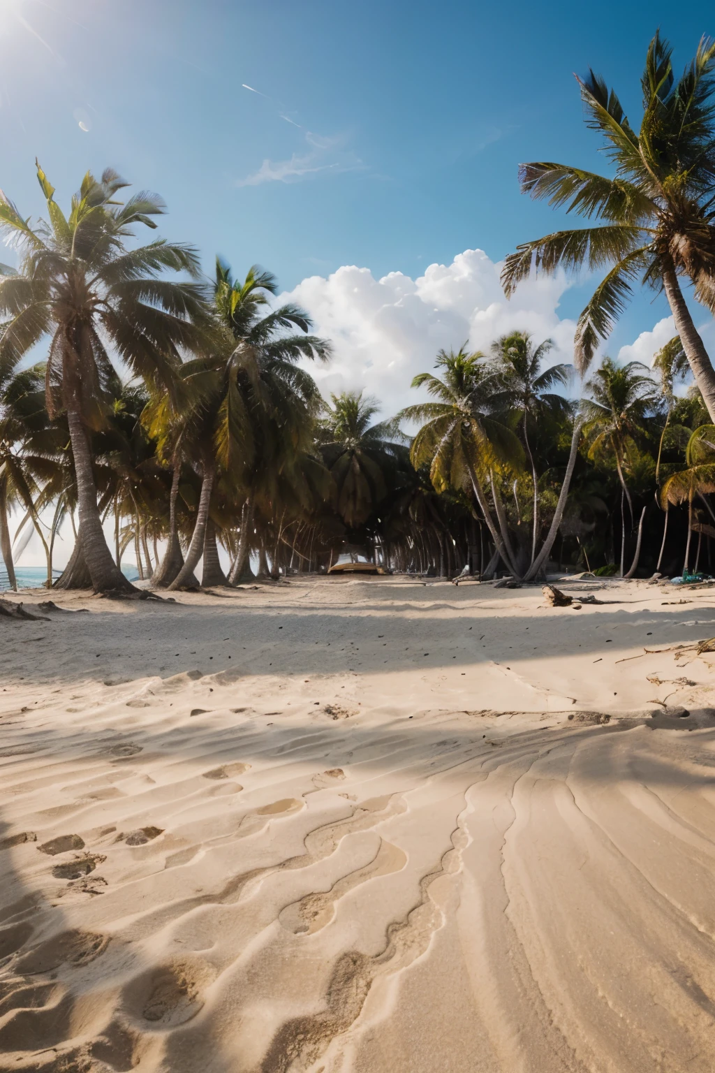 cinematic, 8k, masterpiece, hyper-realistic, high resolution, upscale landscape photography, ultra – high texture details South beach landscape with palm trees, high-end, luxe, natural light on the beach point of view of ocean, On ground perspective afternoon sun on the sand on ocean edge