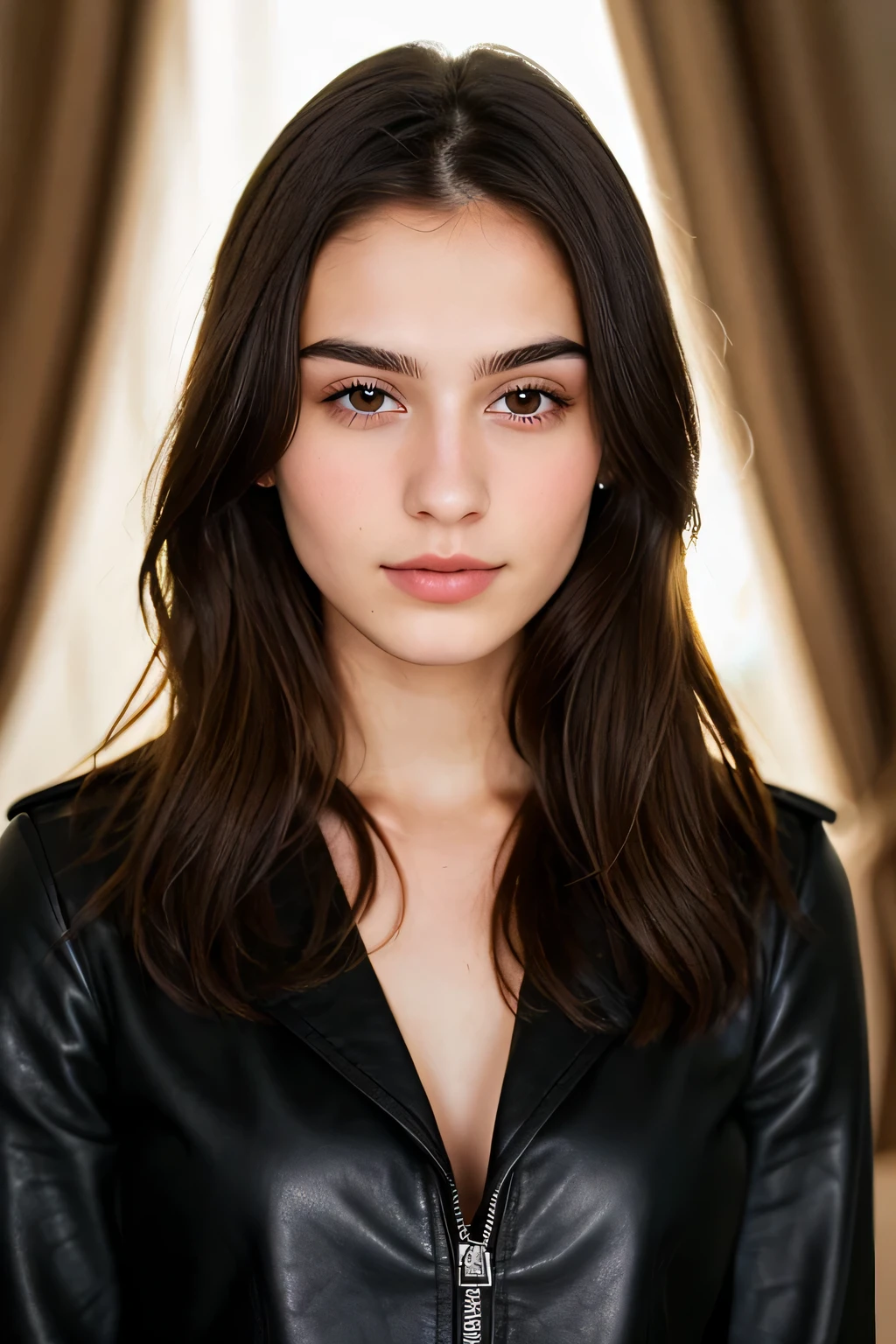 Photo of a 24-year-old brunette, he has a very natural face, Thin lips, thin eyes, Thin eyebrows, thin nose, long eyelashes. face looking directly at the camera from the front, Ultra textured leather