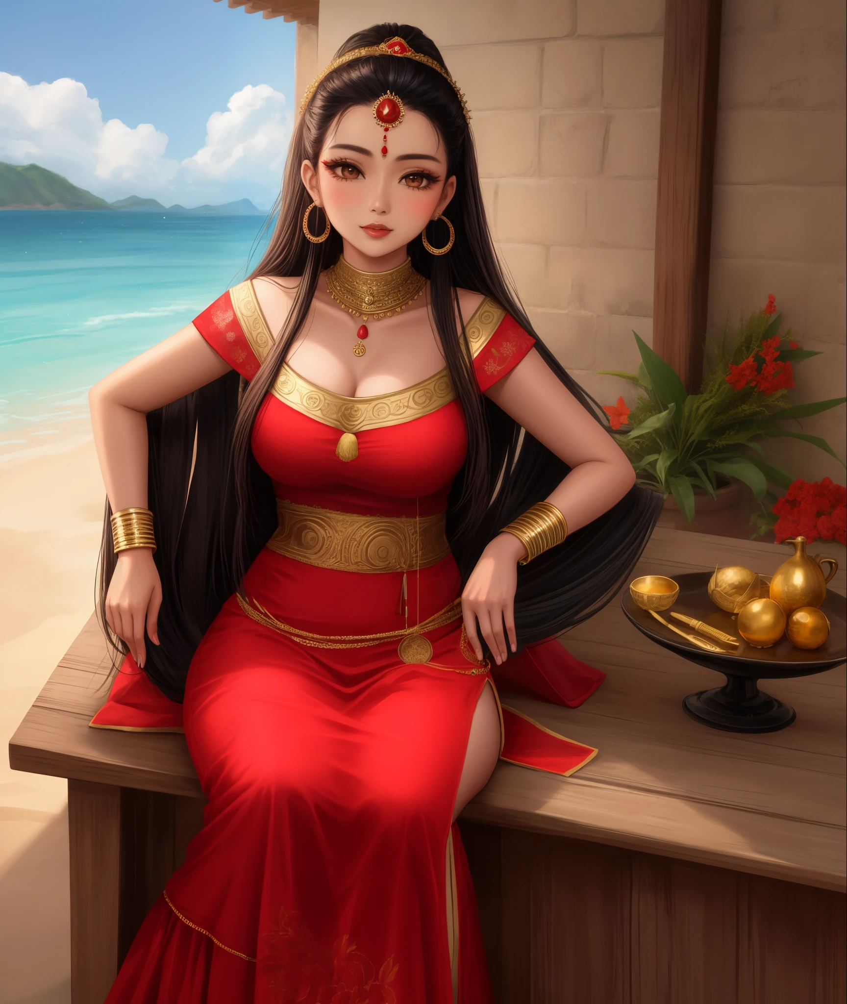 una mujer con un vestido rojo con un collar y aretes de oro, Southeast Asia with long, indian girl with brown skin, arte de fan, Retrato de Darna moderno, hermosa mujer oriental, chica muy hermosa, Southeast Asian with round face, hermosa mujer joven, Beautiful asian girl, mujer muy bonita, Hermosa mujer mexicana, Beautiful Asian woman, mujer linda, Asian woman
