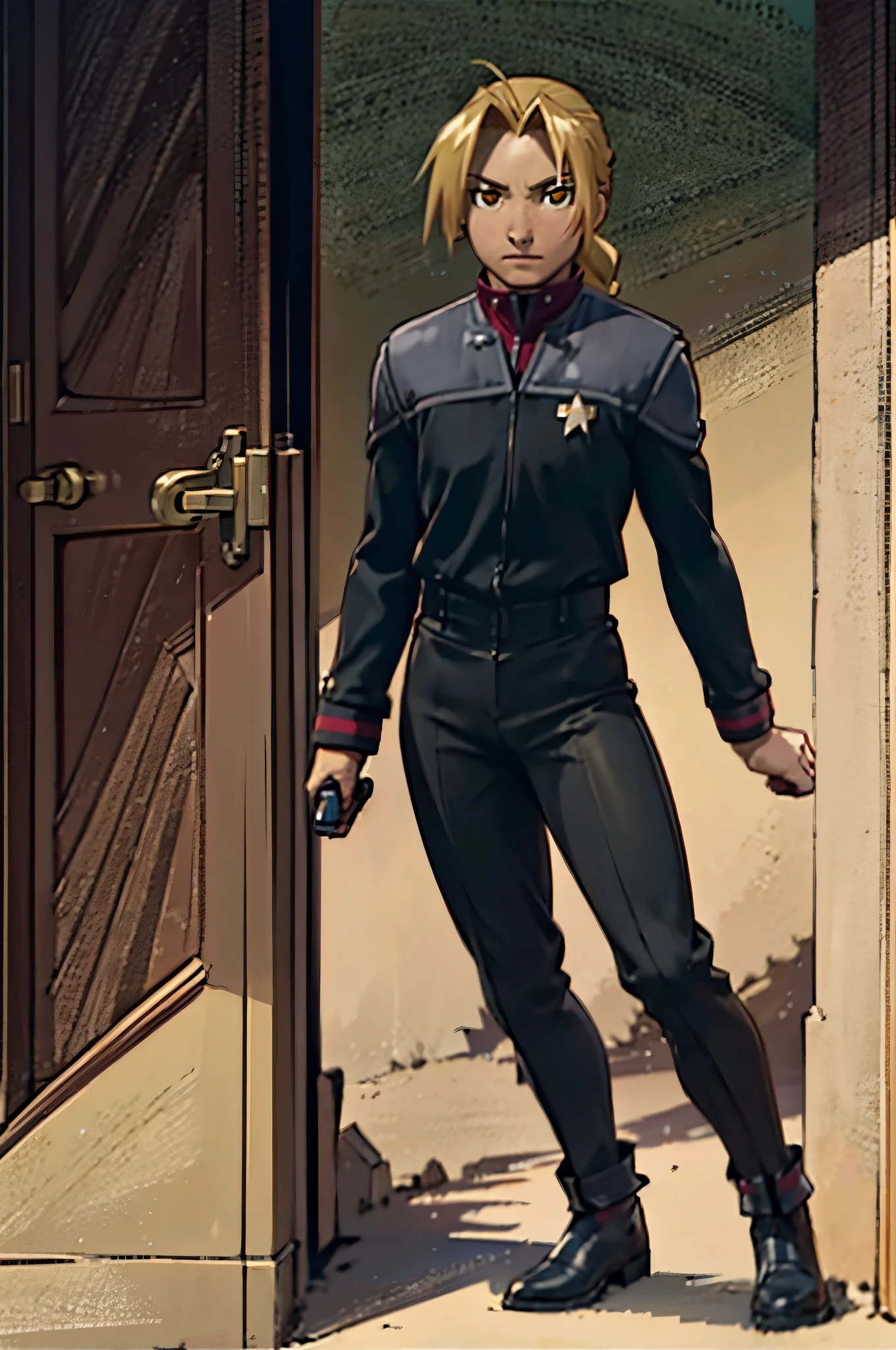 masterpiece, best quality fullbody edward_elric
blonde hair
yellow eyes
single mechanical arm
braided ponytail ds9st command ds9st operations ds9st science