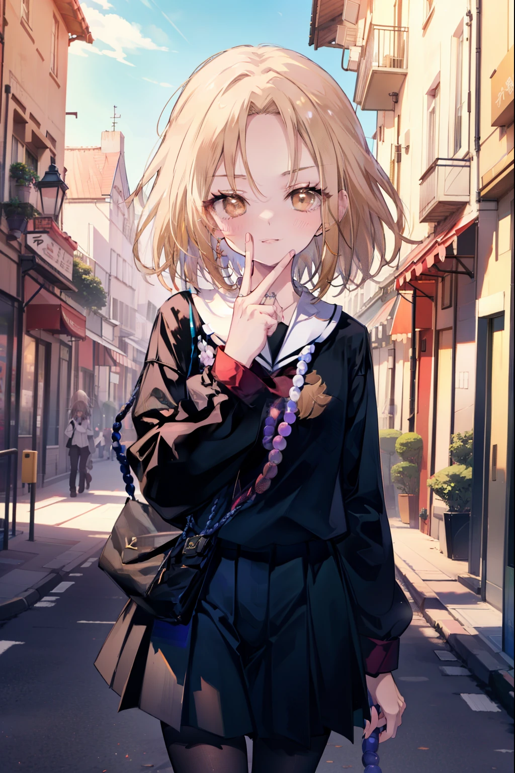 annakyouyama, anna kyouyama, blonde hair, short hair, (brown eyes:1.7),smile,blush,prayer beads hanging around my neck,black long sleeve sailor uniform,black pleated skirt,White pantyhose,black loafers,walking,making a peace sign with his mouth,Asahi,朝
break looking at viewer, whole body,
break outdoors, In town,building street,
break (masterpiece:1.2), highest quality, High resolution, unity 8k wallpaper, (figure:0.8), (detailed and beautiful eyes:1.6), highly detailed face, perfect lighting, Very detailed CG, (perfect hands, perfect anatomy),