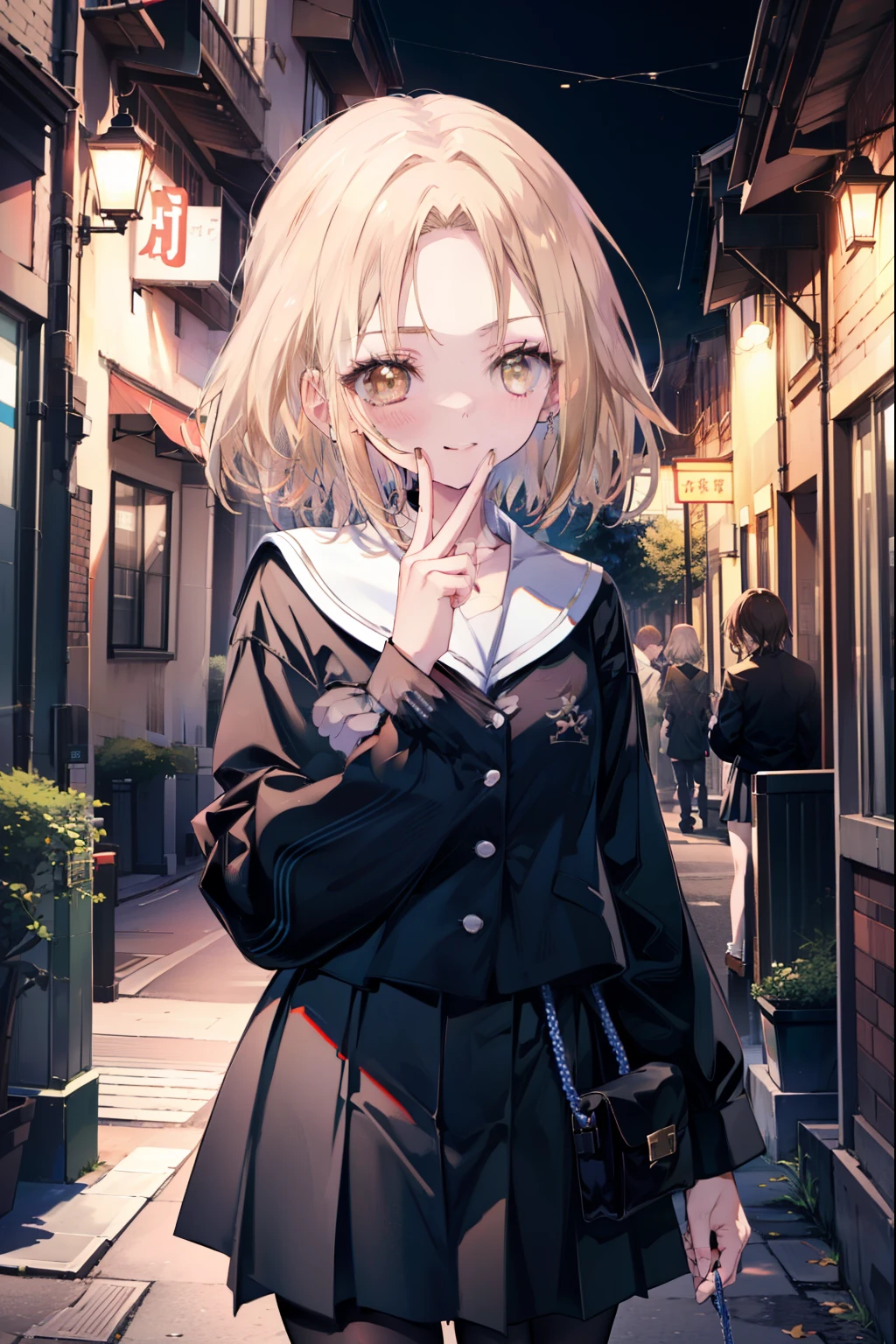 annakyouyama, anna kyouyama, blonde hair, short hair, (brown eyes:1.7),smile,blush,prayer beads hanging around my neck,black long sleeve sailor uniform,black pleated skirt,White pantyhose,black loafers,walking,making a peace sign with his mouth,Asahi,朝
break looking at viewer, whole body,
break outdoors, In town,building street,
break (masterpiece:1.2), highest quality, High resolution, unity 8k wallpaper, (figure:0.8), (detailed and beautiful eyes:1.6), highly detailed face, perfect lighting, Very detailed CG, (perfect hands, perfect anatomy),