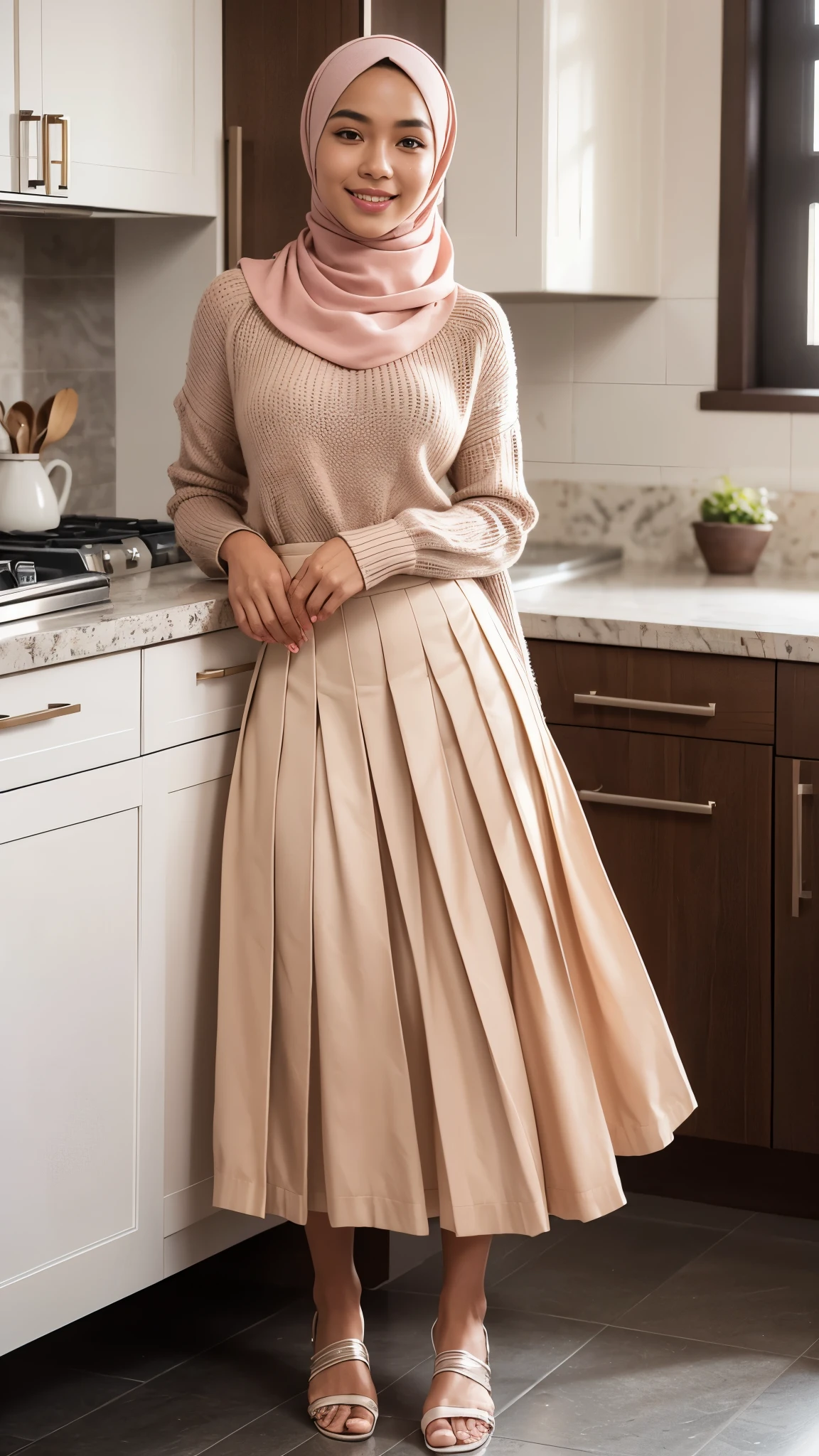 Full shot, full body portrait, tall background, high detail, high resolution, an Indonesian young man standing in a kitchen, white skin, fair skin, detailed face features, blush cheeks, peach lips, matte lips, perfect face, perfect body, perfect hands, perfect feet, wearing a pashmina hijab, perfect hijab, wearing loose knitted sweater, knitted sweater, perfect sweater, wearing a  long pleated skirt, long skirted, perfect skirt, wearing sandals, perfect sandals, feminine pose, cute expression, cute smile, face looking at viewer, body facing at viewer, bright light, morning sunshine