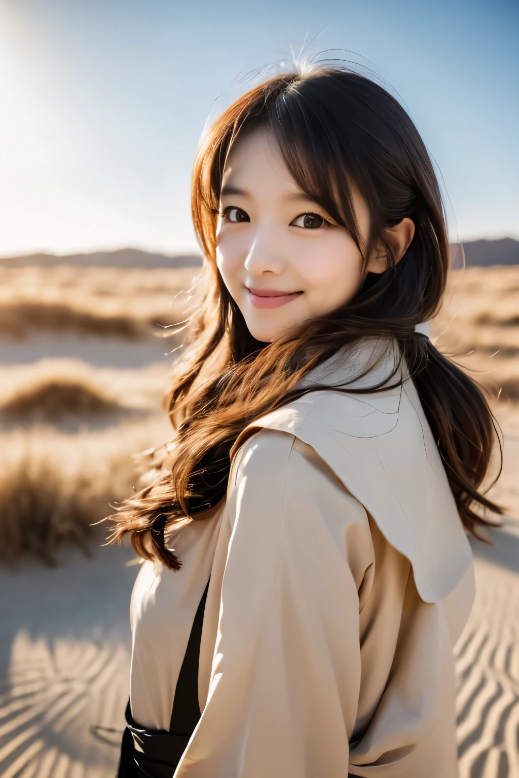 a beauty Japanese woman, Slender, thin waist, well-balanced face, New Year Japan,  Stand at the front, Wearing a priestess costume, Fine light, Brown hair fluttering in the wind, kindly smile, background is far away, standing in the sand dune, Brown eyes, The sun rises from afar