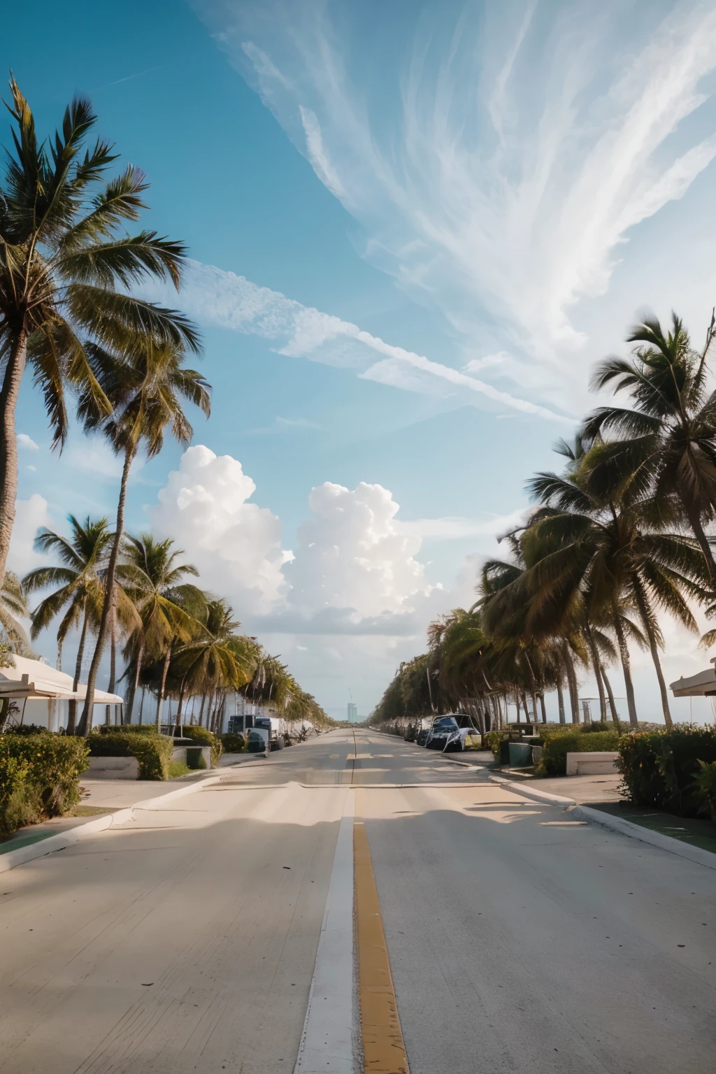 cinematic, 8k, masterpiece, confident, hyper-realistic, high resolution, upscale landscape fashion photography, ultra – high texture details South Beach Miami beach landscape with palm trees, high-end, luxe, natural light 16:9 size and orientation