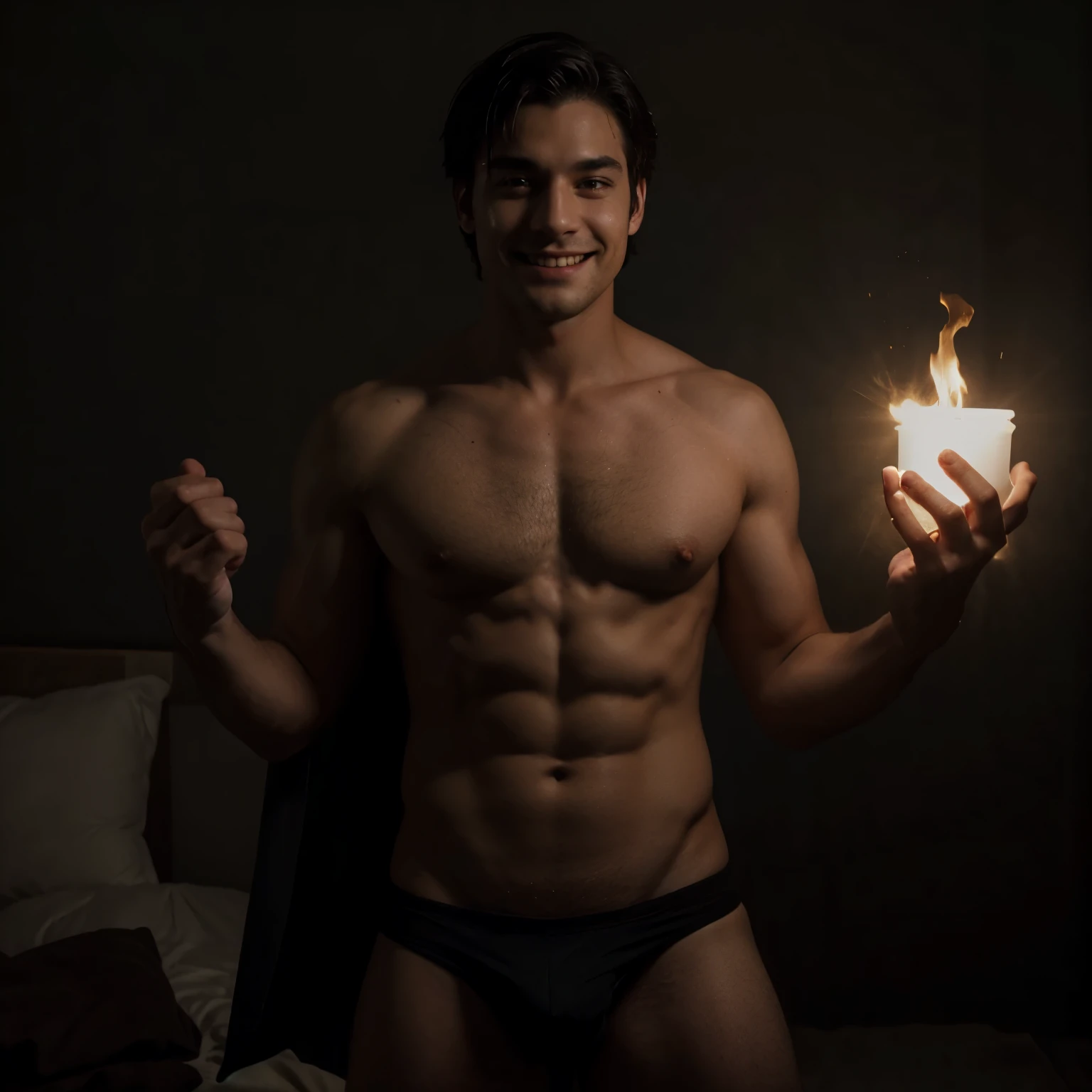 Shirtless man,pantless,full black eyes,using dark magic from hand,evil smile