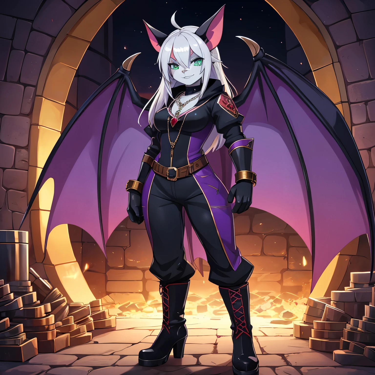 Digital Anime Art, HD, Ultra Detailed, Medieval, Anthromorphic Female Bat, white hair, green eyes, blue mascara, short black bat wings, full body purple and black jumpsuit, purple boots with red hearts on the cuffs and steel on the bottom, white gloves, red heart necklace, holding a gemstone, winking, standing in treasure vault.