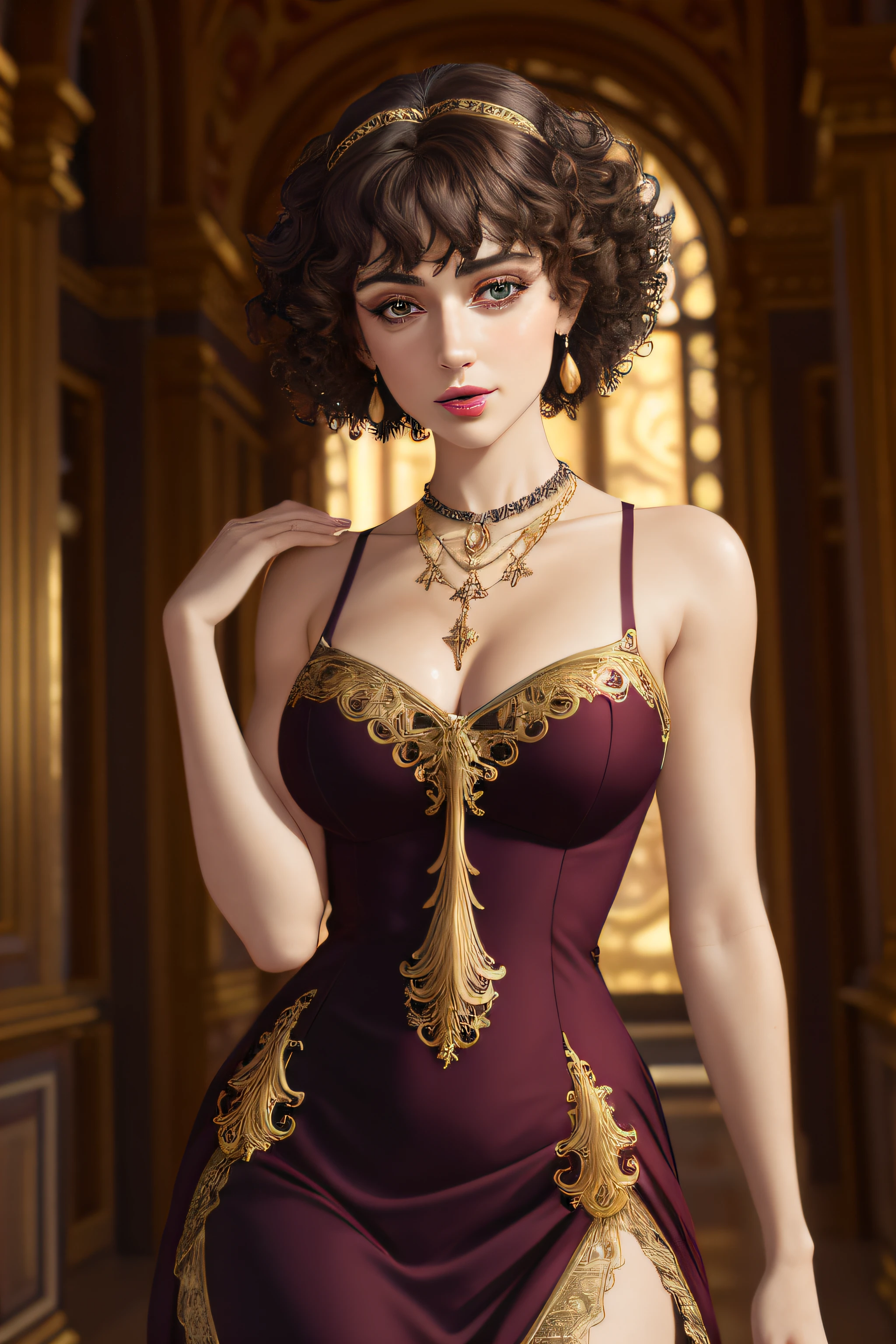 8k, best quality, masterpiece, highly detailed, semi realistic, 1 girl, young female, 20 years old, dark brown short hair, curly hair, bangs, deep purple eyes, red lips, gorgeous palace style Baroque style long dress, topless dress, cross tie vest, bare shoulders, arm sleeves, golden gemstone necklace, slim figure, no headwear