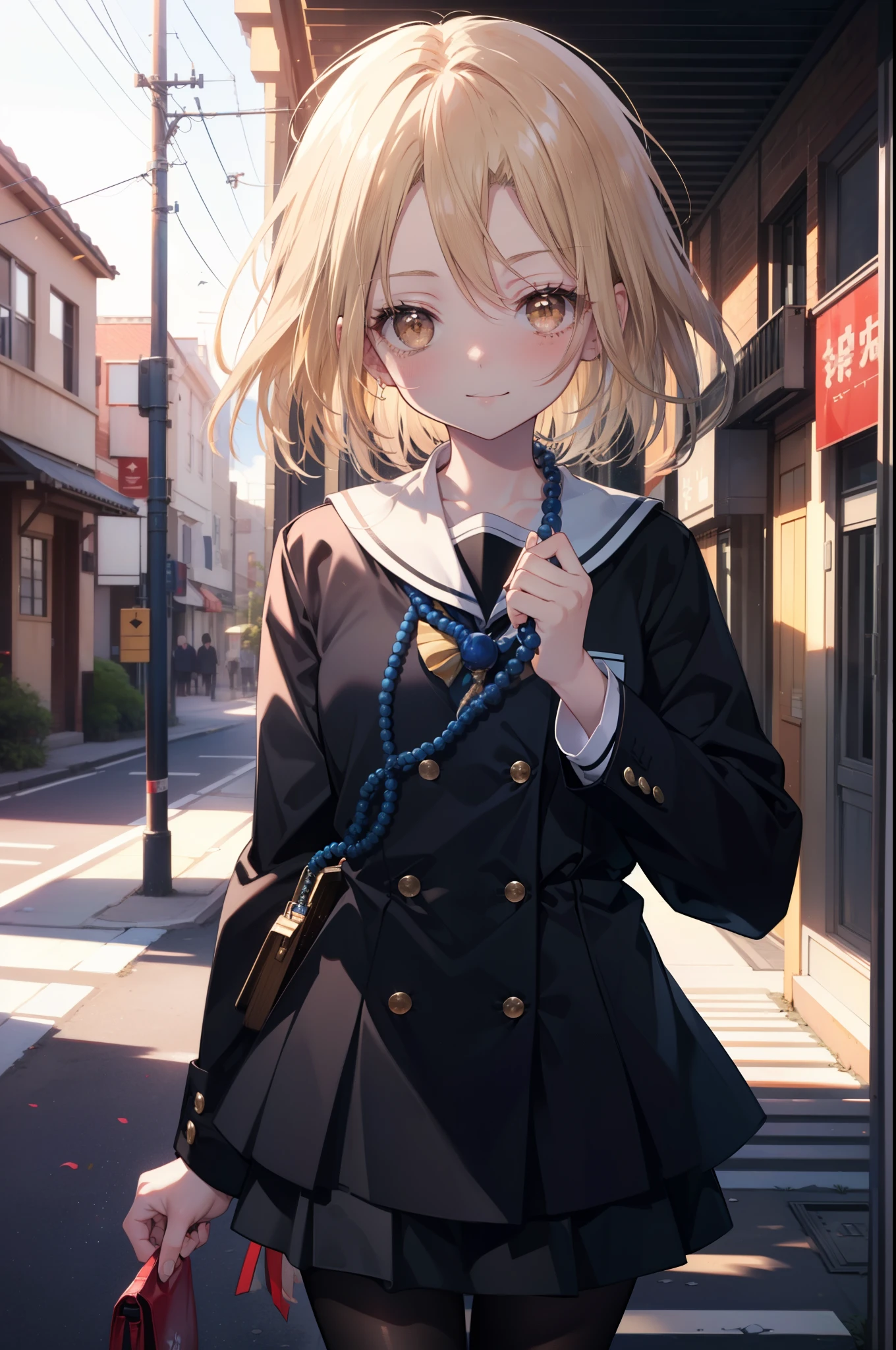 annakyouyama, anna kyouyama, blonde hair, short hair, (brown eyes:1.7),smile,blush,prayer beads:1 hanging around his neck,black long sleeve sailor uniform,black pleated skirt,White pantyhose,black loafers,walking,Asahi,朝
break looking at viewer, whole body,
break outdoors, In town,building street,
break (masterpiece:1.2), highest quality, High resolution, unity 8k wallpaper, (figure:0.8), (detailed and beautiful eyes:1.6), highly detailed face, perfect lighting, Very detailed CG, (perfect hands, perfect anatomy),