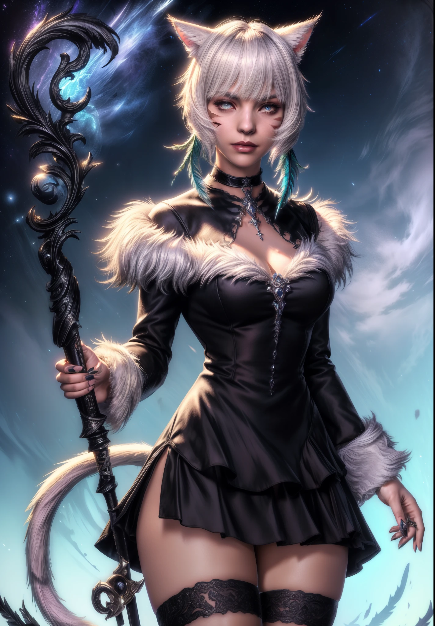 (masterpiece, high quality:1.1), cinematic lighting, extremely detailed, Matoya, hair ornament, feather hair ornament, choker, black choker, brooch, dress, long dress, black dress, fur-trimmed dress, fur trim, backless outfit, cleavage, long sleeves, wide sleeves, gloves, black gloves, fingerless gloves, partially fingerless gloves, ring, claw ring, y'shtola, y'shtola rhul, miqo'te, cat girl, grey hair, short hair, bangs, animal ears, cat ears, grey eyes, slit pupils, lips, facial mark, whisker markings, tattoo, neck tattoo, tail, cat tail,