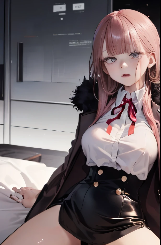 ((masterpiece、high quality、High resolution、4K, 8K, Blue archive official art、live-action)),detailed person、detailed face、detailed eyes、fine eyes、 (dripping sweat、oil skin,sparkling skin、realistic skin texture、detailed beautiful skin、shiny skin, big breasts、beautiful thighs, mature pretty woman、transparent eyes、sexy、(slender body and limbs,), (random pose) , ((clear eyes、double eyelid、big breasts))、((character : Aru Rikuhachima 、Blue Archive))、ぶら下がるbig breastsがシャツから見える、brown coat with fur、night scenery、night room、dark、lights out、grayscale:27、full of embarrassment、blush、bright red face、shy、((slender、beautiful feet、low length))、standing pose、((steam,sweat,wat))、(black leather high waist slit skirt、spread legs),((white of eyes:1.8, shocked face:1.8, comical))、bright red bed、With a bewitching smile、