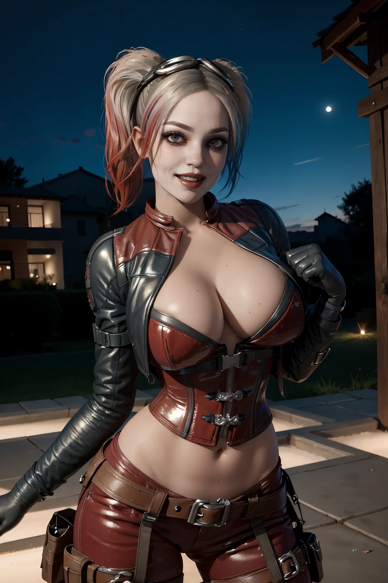 Harley,multicolored hair,makeup,twintails,(open mouth:0.8),teeth,(smile:0.8), goggles on head,belt,pants,black gloves,corset,holster,open cropped jacket,navel,cleavage, standing,upper body, nighttime,explosion, (insanely detailed, beautiful detailed face,beautiful detailed eyes, masterpiece, best quality),solo,