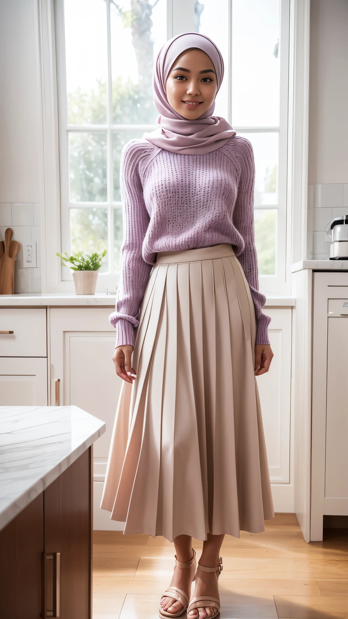 Full shot, full body portrait, tall background, high detail, high resolution, an Indonesian young man standing in a kitchen, white skin, fair skin, detailed face features, blush cheeks, peach lips, matte lips, perfect face, perfect body, perfect hands, perfect feet, wearing a white pashmina hijab, perfect hijab, wearing a white loose knitted sweater, knitted sweater, perfect sweater, wearing a lilac long pleated skirt, long skirted, skirt reaches floor, perfect skirt, wearing sandals, perfect sandals, feminine pose, cute expression, cute smile, face looking at viewer, body facing at viewer, bright light, morning sunshine