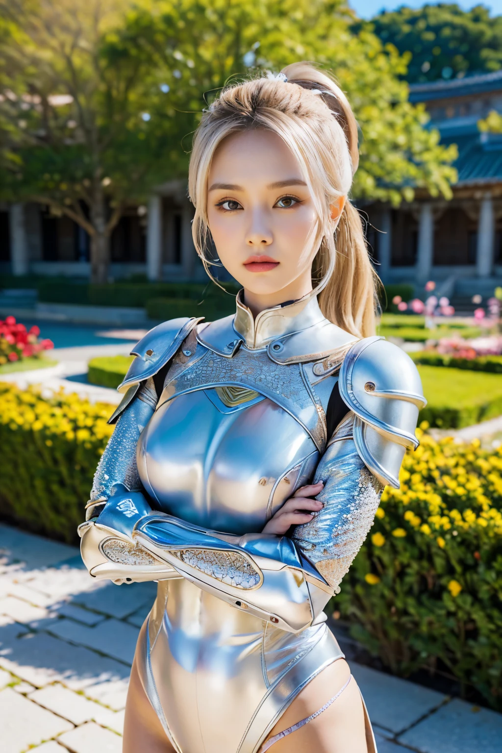 (8K, best quality:1.2), (masterpiece:1.37), (photo, photorealistic:1.37), (ultrahigh-res), half body, walking pose, shot from front, slow motion, female paladin wearing the full body, (light silver armour:1.2),(ornately decorated armor), (insanely detailed, bloom:1.5), (highest quality, Alessandro Casagrande, Greg Rutkowski, Sally Mann, concept art, 4k), (analog:1.2), (high sharpness), (detailed pupils:1.1), detailed face and eyes, Masterpiece, best quality, (highly detailed photo:1.1), (long blonde Hair, ponytail,ecstatic:1.1), (young woman:1.1), sharp, (perfect body:1.1), realistic, real shadow, 3d, (temple background:1.2), arms crossed over the chest
photographed by Canan EOS R6, 135mm, 1/1250s, f/2.8, ISO 400