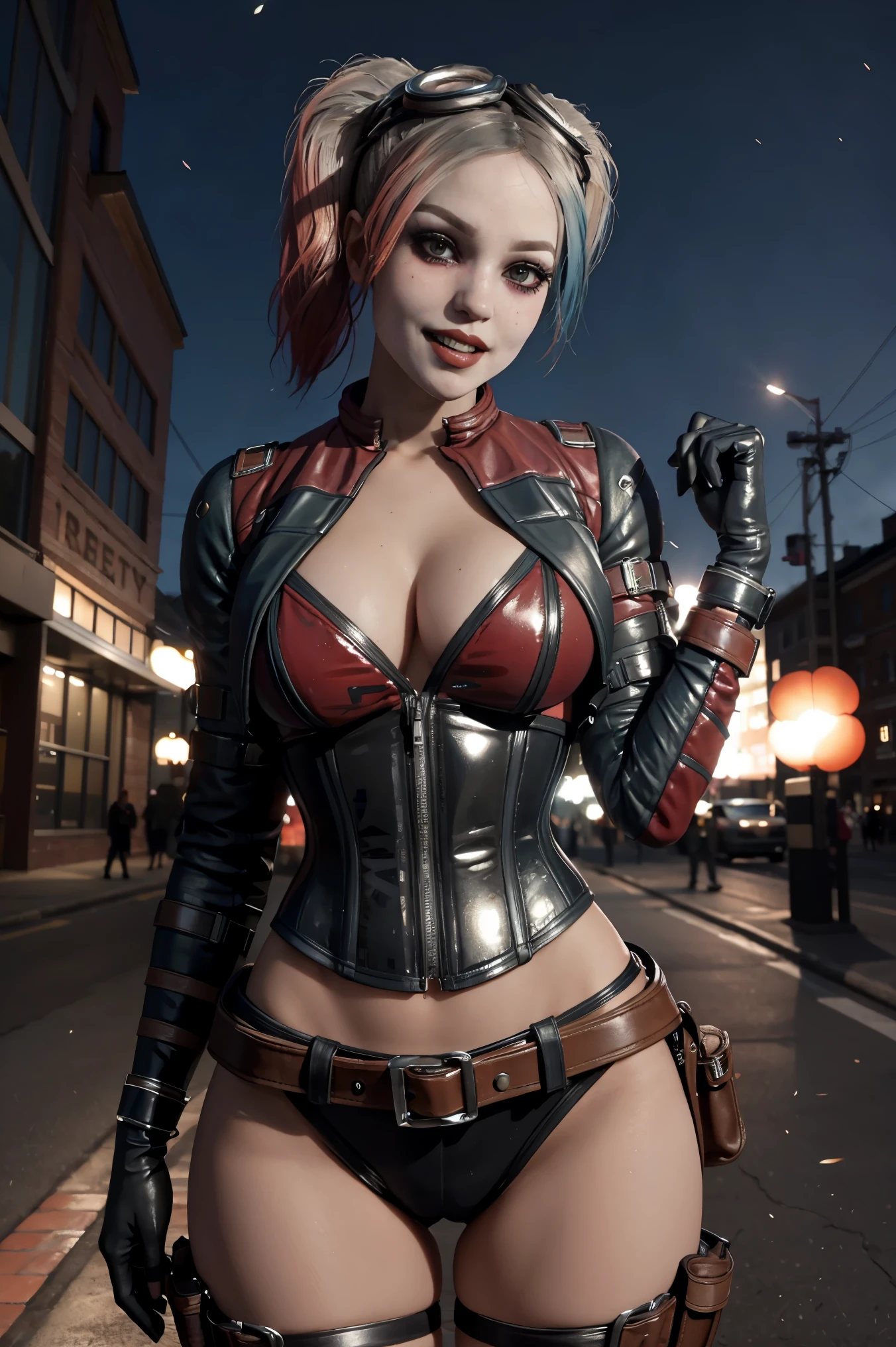 Harley,multicolored hair,makeup,twintails,(open mouth:0.8),teeth,(smile:0.8), goggles on head,belt,pants,black gloves,corset,holster,open cropped jacket,navel,cleavage, standing,upper body, nighttime,explosion, (insanely detailed, beautiful detailed face,beautiful detailed eyes, masterpiece, best quality),solo,