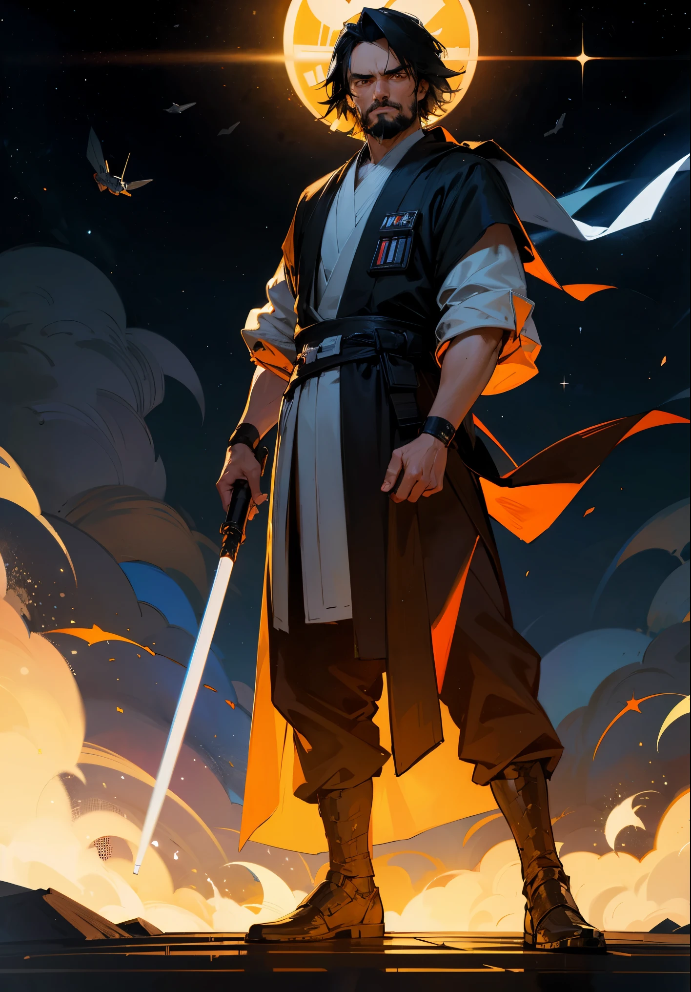 1male, Adult, Perfect Generation, Masterpiece Quality, Black Hair, Short Hair, Orange Eyes, Dark Background, Black and White Jedi Clothes, Star Wars, Standing On Path, Black Beard