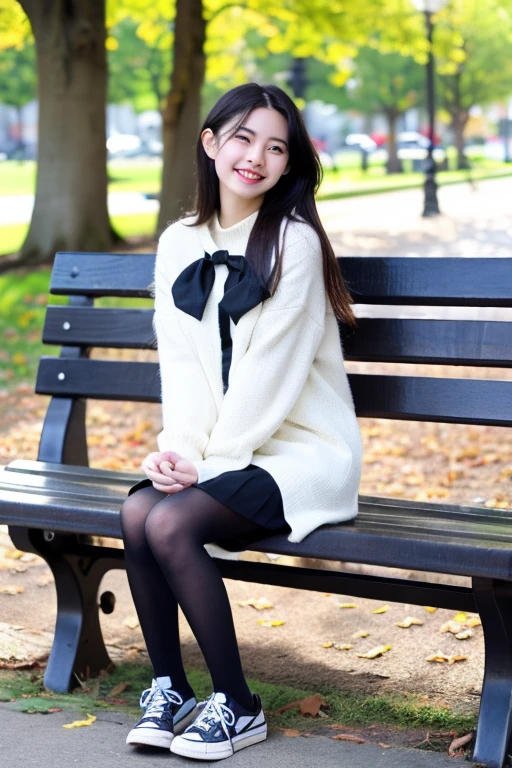 ((highest quality)), ((masterpiece)), A neat and beautiful woman sitting on a park bench、coat、long sleeve blouse、knee length skirt、black tights、sneakers、refreshing smile、smiling showing teeth、full body photo、black hair、ear piercing、looking at the camera、Close-up of feet、