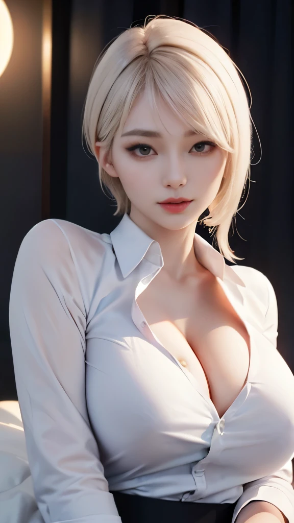 sweet expression, Lying, white glasses, short hair, (8k, RAW photo, realistic:1.25) ,( lip gloss, eyelash, shiny face, shiny skin, highest quality, ultra high resolution , Depth of the bounds written, chromatic aberration, caustics, wide light, natural shadow, K-POPアイドル) Gazing at the viewer with a calm and goddess-like blissful expression, whole body, big breasts, black stockings, white shirt, secretary、smile、(full shot:1.8)