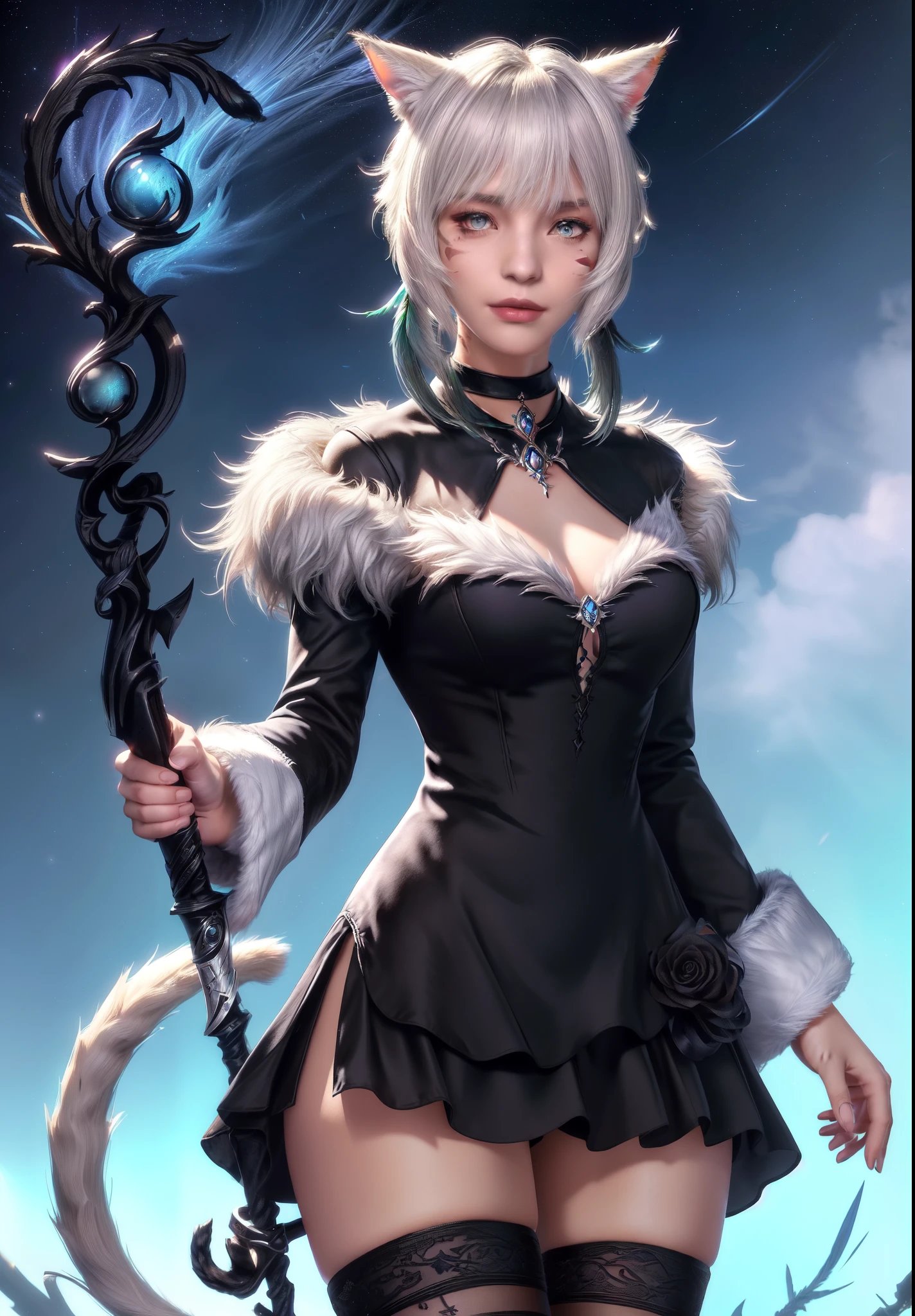 (masterpiece, high quality:1.1), cinematic lighting, extremely detailed, Matoya, hair ornament, feather hair ornament, choker, black choker, brooch, dress, long dress, black dress, fur-trimmed dress, fur trim, backless outfit, cleavage, long sleeves, wide sleeves, gloves, black gloves, fingerless gloves, partially fingerless gloves, ring, claw ring, y'shtola, y'shtola rhul, miqo'te, cat girl, grey hair, short hair, bangs, animal ears, cat ears, grey eyes, slit pupils, lips, facial mark, whisker markings, tattoo, neck tattoo, tail, cat tail,