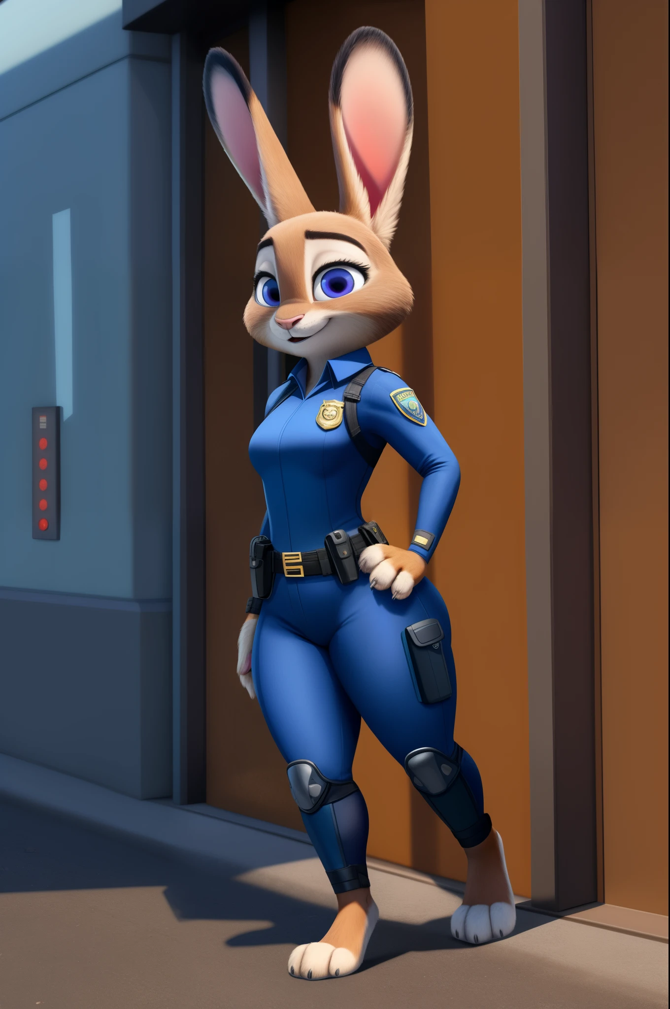 HIFI,HD,8Kjudy hopps,with his police uniform,thick thighs, thin hips, thick paws,zootopia 2,realistic textures,realistic fur