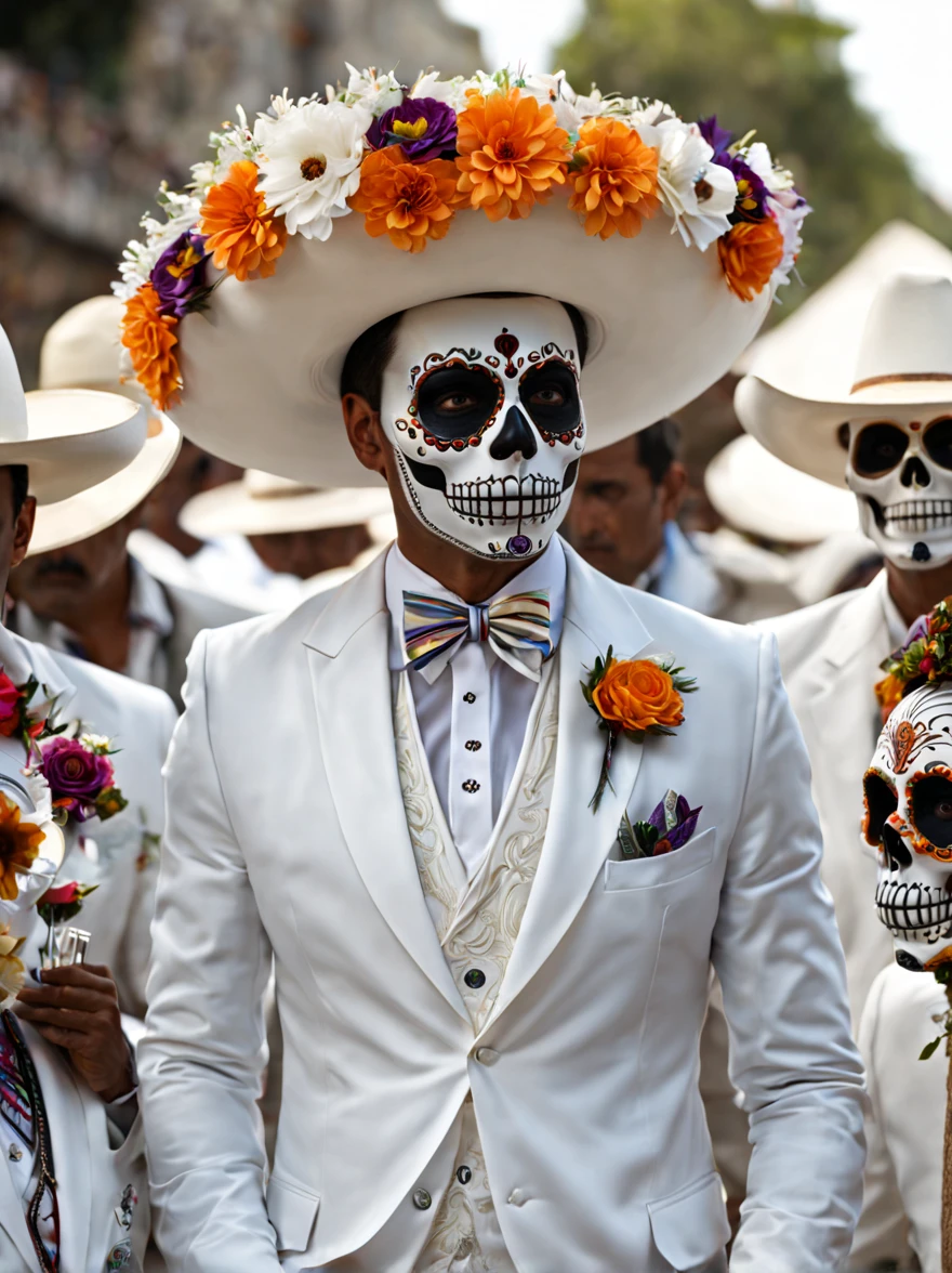 male, catrina, men using a white suit, la catrina, Mexico, best quality, high detail,4k res