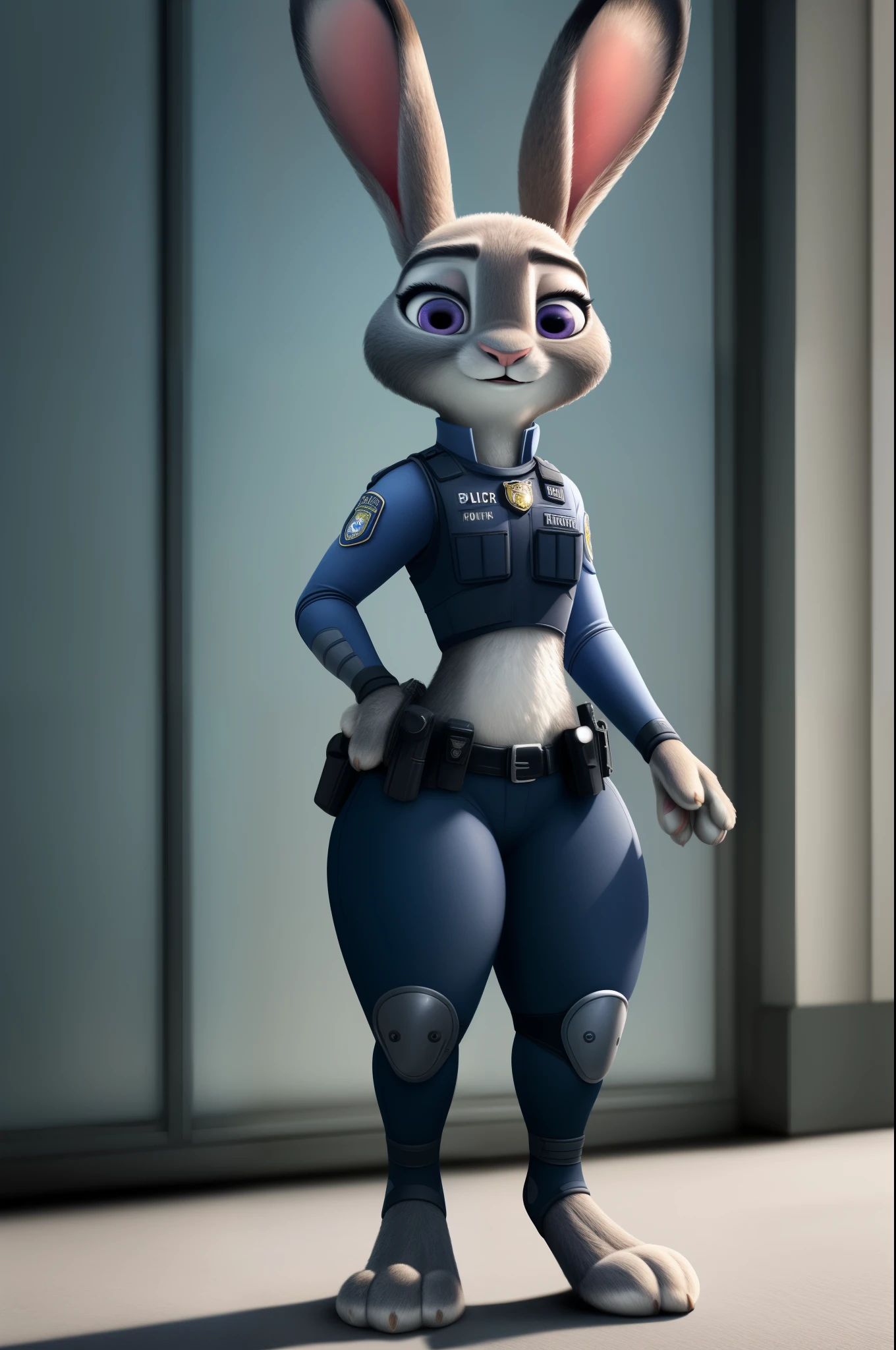 HIFI,HD,8Kjudy hopps,with his police uniform,thick thighs, thin hips, thick paws,zootopia 2,realistic textures,realistic fur