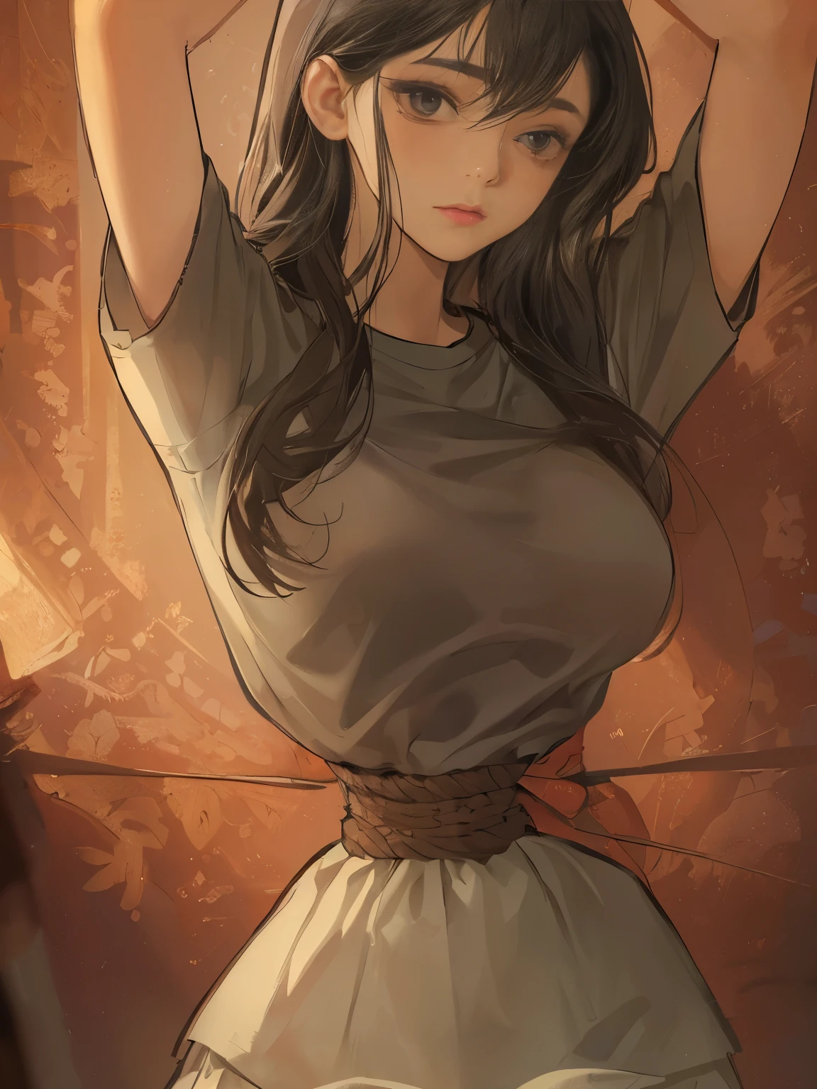 ((masterpiece)), ((best quality)), (ultra-detailed), torture room,(((rope strongly bound waist))),a cute girl, 1girl, solo,tshirt,beautiful black hair, (beautiful black eyes), long hair, expression of agony