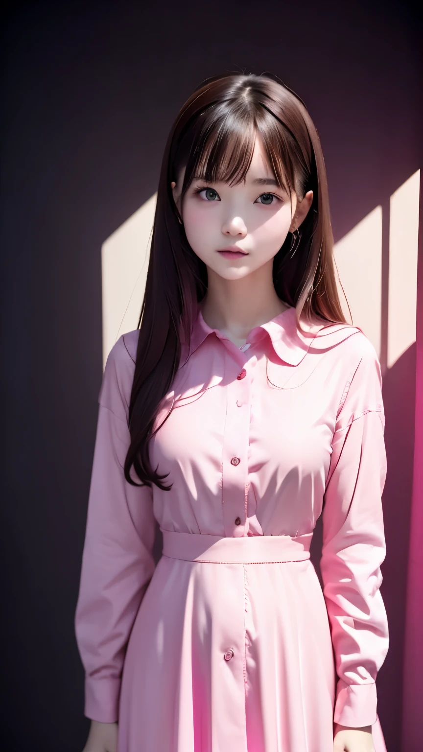 (((pink world:1.3)))、highest quality, table top, High resolution, (((1 girl))), 16 years old,(((eyes are pink:1.ink dress、((pink shirt:1.ink block dress)), Tyndall effect, realistic, shadow studio,Ultramarine lighting, dual tone lighting, (high detail skin: 1.2)、dim lighting、dark lighting、 Digital single-lens reflex camera, , High resolution, 4k, 8k, background blur,fade out beautifully、pink world