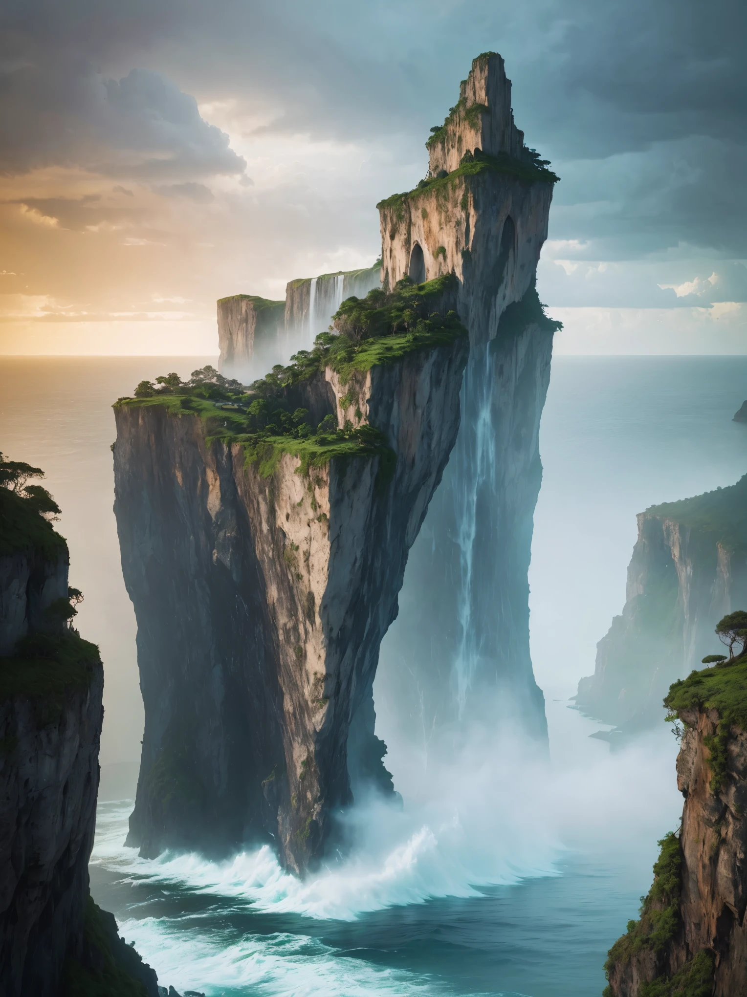 (best quality,4k,8k,highres,masterpiece:1.2),ultra-detailed,(realistic,photorealistic,photo-realistic:1.37),skull island,hauntingly beautiful scenery,foggy atmosphere,ancient trees reaching towards the sky,mystical ruins covered in moss,crumbling stone archways and staircases,ominous dark caves with glowing crystals,majestic waterfalls cascading down rugged cliffs,pirate treasure hidden among the rocks,dangerous cliffs overlooking treacherous waters,ominous thunderstorm approaching in the distance,overgrown vines and foliage enveloping the island,skulls scattered across the sandy beach,crashing waves and sea spray,ominous shadows lurking in the jungle,mysterious creatures lurking in the shadows,majestic view of the island from a high vantage point,dramatic lighting highlighting the texture and details of the scene,rich color palette with deep greens, dark blues, and earthy tones,haunting silence broken only by the sound of nature's whispers,a sense of adventure and mystery lingering in the air.