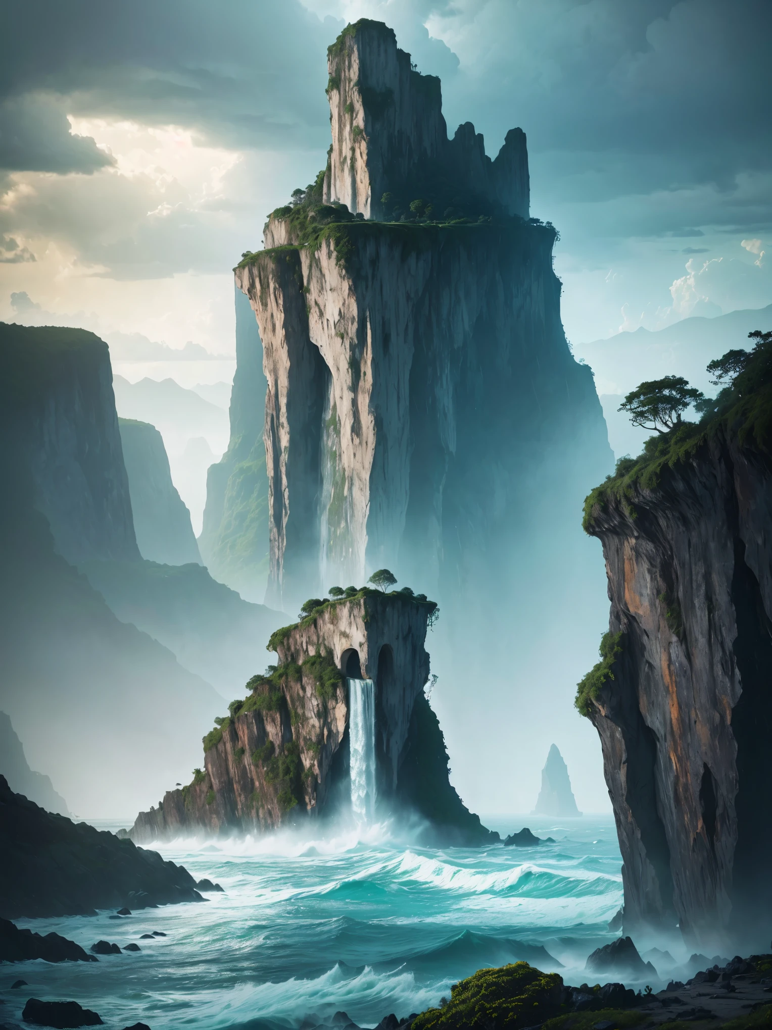 (best quality,4k,8k,highres,masterpiece:1.2),ultra-detailed,(realistic,photorealistic,photo-realistic:1.37),skull island,hauntingly beautiful scenery,foggy atmosphere,ancient trees reaching towards the sky,mystical ruins covered in moss,crumbling stone archways and staircases,ominous dark caves with glowing crystals,majestic waterfalls cascading down rugged cliffs,pirate treasure hidden among the rocks,dangerous cliffs overlooking treacherous waters,ominous thunderstorm approaching in the distance,overgrown vines and foliage enveloping the island,skulls scattered across the sandy beach,crashing waves and sea spray,ominous shadows lurking in the jungle,mysterious creatures lurking in the shadows,majestic view of the island from a high vantage point,dramatic lighting highlighting the texture and details of the scene,rich color palette with deep greens, dark blues, and earthy tones,haunting silence broken only by the sound of nature's whispers,a sense of adventure and mystery lingering in the air.