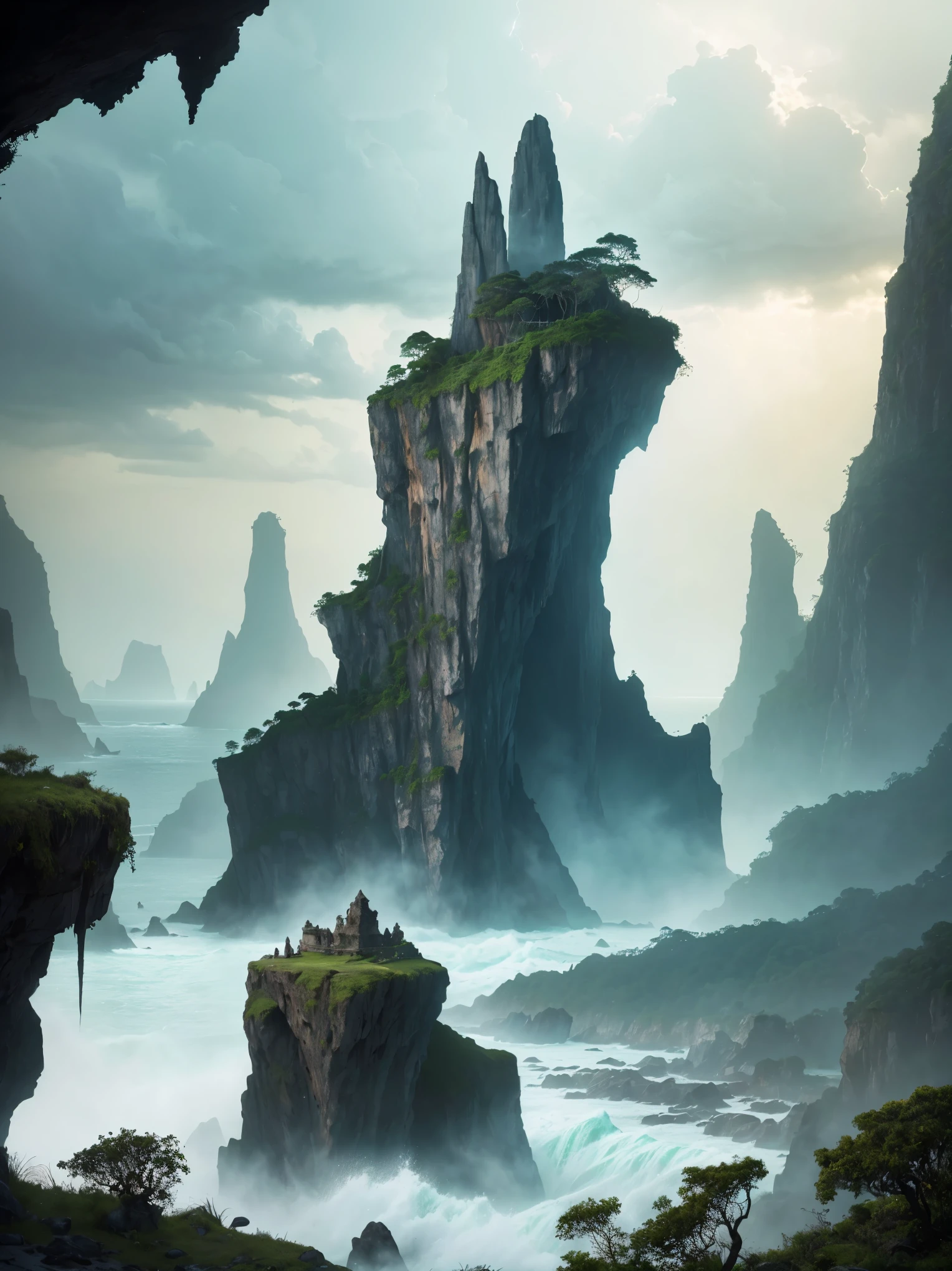 (best quality,4k,8k,highres,masterpiece:1.2),ultra-detailed,(realistic,photorealistic,photo-realistic:1.37),skull island,hauntingly beautiful scenery,foggy atmosphere,ancient trees reaching towards the sky,mystical ruins covered in moss,crumbling stone archways and staircases,ominous dark caves with glowing crystals,majestic waterfalls cascading down rugged cliffs,pirate treasure hidden among the rocks,dangerous cliffs overlooking treacherous waters,ominous thunderstorm approaching in the distance,overgrown vines and foliage enveloping the island,skulls scattered across the sandy beach,crashing waves and sea spray,ominous shadows lurking in the jungle,mysterious creatures lurking in the shadows,majestic view of the island from a high vantage point,dramatic lighting highlighting the texture and details of the scene,rich color palette with deep greens, dark blues, and earthy tones,haunting silence broken only by the sound of nature's whispers,a sense of adventure and mystery lingering in the air.
