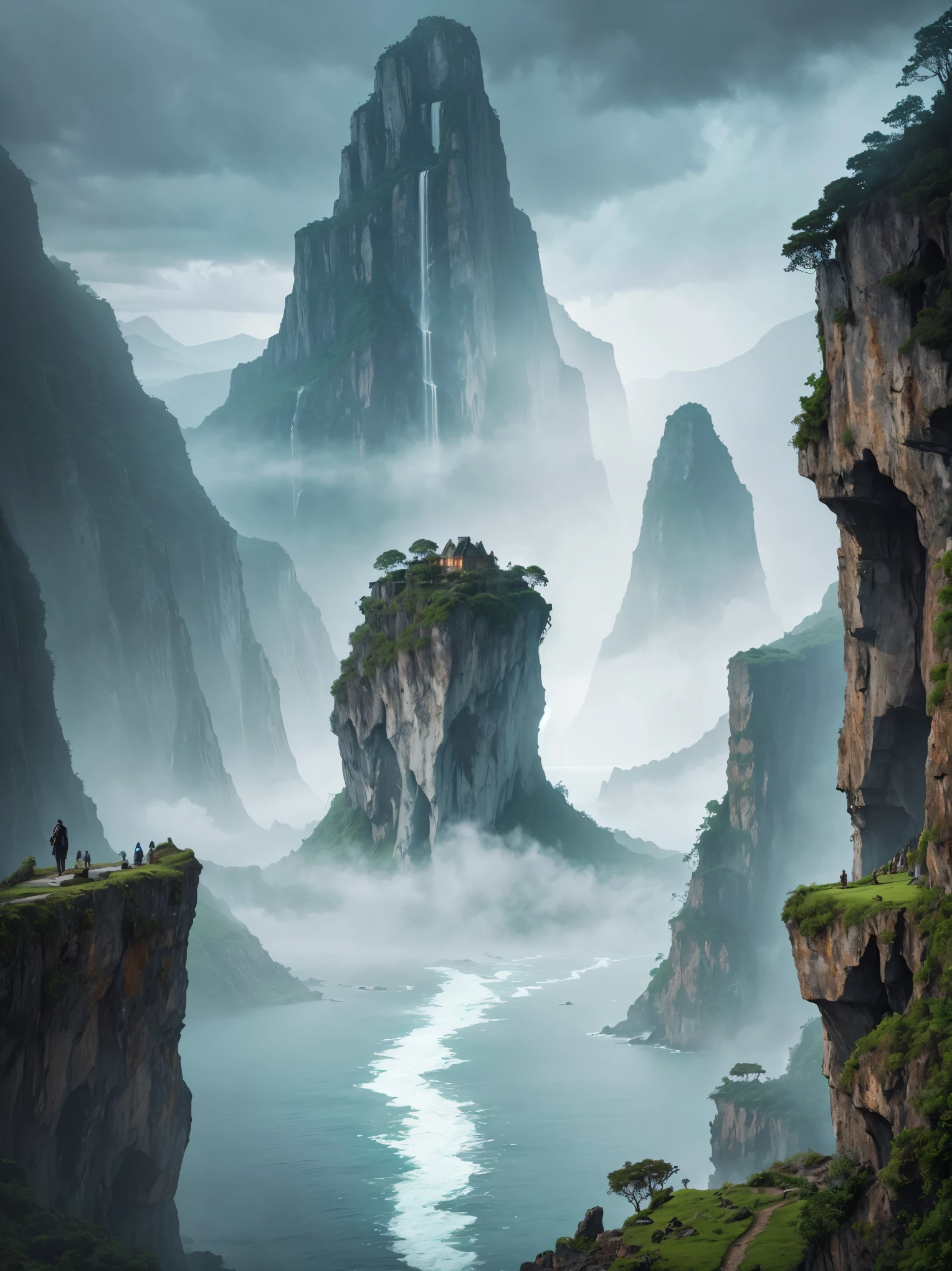 (best quality,4k,8k,highres,masterpiece:1.2),ultra-detailed,(realistic,photorealistic,photo-realistic:1.37),skull island,hauntingly beautiful scenery,foggy atmosphere,ancient trees reaching towards the sky,mystical ruins covered in moss,crumbling stone archways and staircases,ominous dark caves with glowing crystals,majestic waterfalls cascading down rugged cliffs,pirate treasure hidden among the rocks,dangerous cliffs overlooking treacherous waters,ominous thunderstorm approaching in the distance,overgrown vines and foliage enveloping the island,skulls scattered across the sandy beach,crashing waves and sea spray,ominous shadows lurking in the jungle,mysterious creatures lurking in the shadows,majestic view of the island from a high vantage point,dramatic lighting highlighting the texture and details of the scene,rich color palette with deep greens, dark blues, and earthy tones,haunting silence broken only by the sound of nature's whispers,a sense of adventure and mystery lingering in the air.