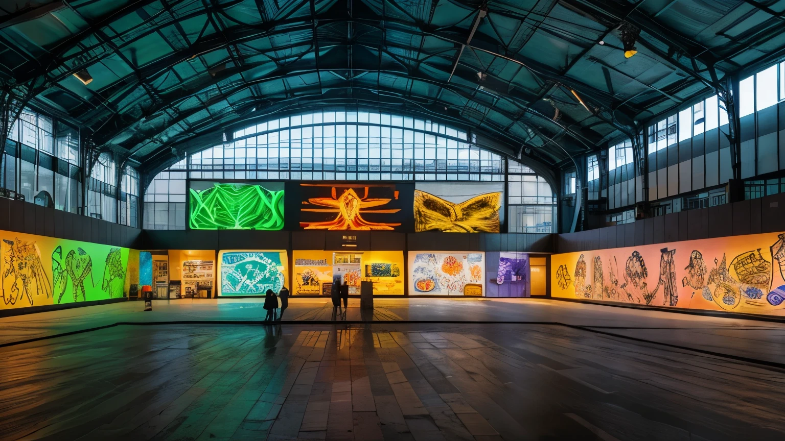 A large neon hall, where on the huge wall you can see a lot of drawings on paper