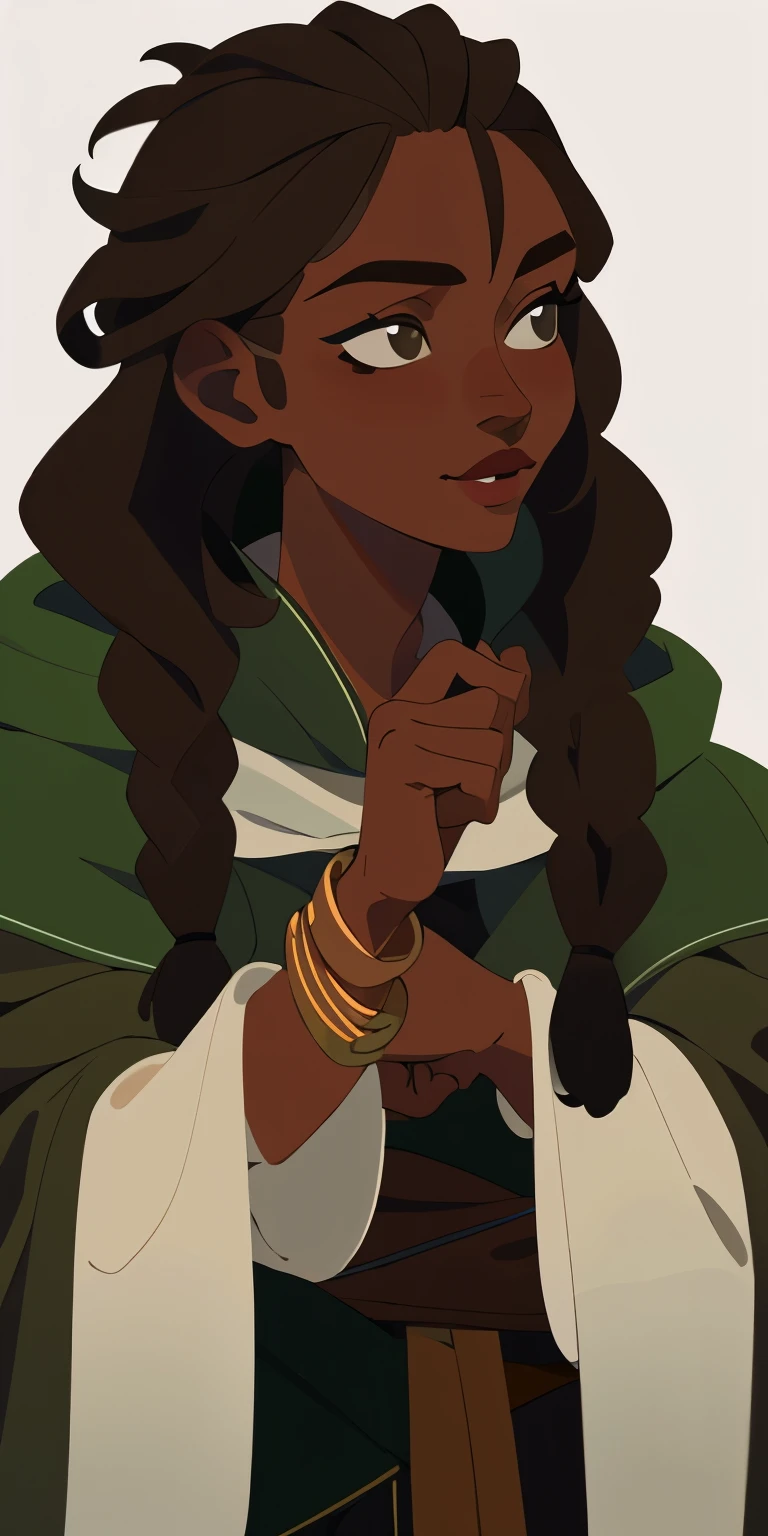 Young woman, dark skin, brown hair tied in a braid, Green Cloak 