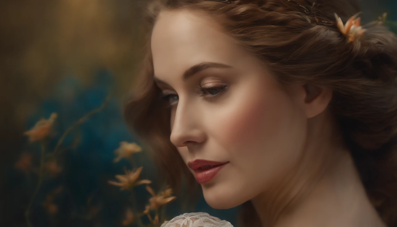 ((Show: A hand-painted complete aesthetic portrait of the beautiful woman in the picture)) The delicate coloring and beautiful woman realistically reflect what is being painted.
