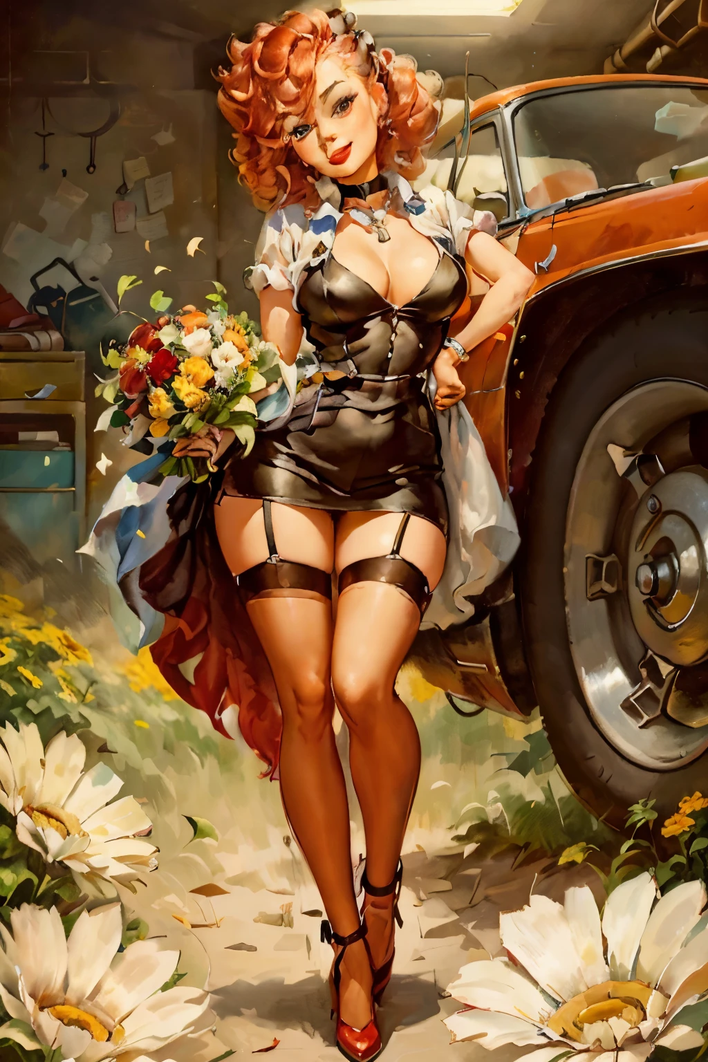 A rusty Anthropomorphic robot gives a bouquet of flowers to a cute curly red hair girl who is dressed as a mechanic, her jumpsuit slightly stained with grease. She smiles happily and openly. In the background is a mechanic's workshop. A bit of pinup style.