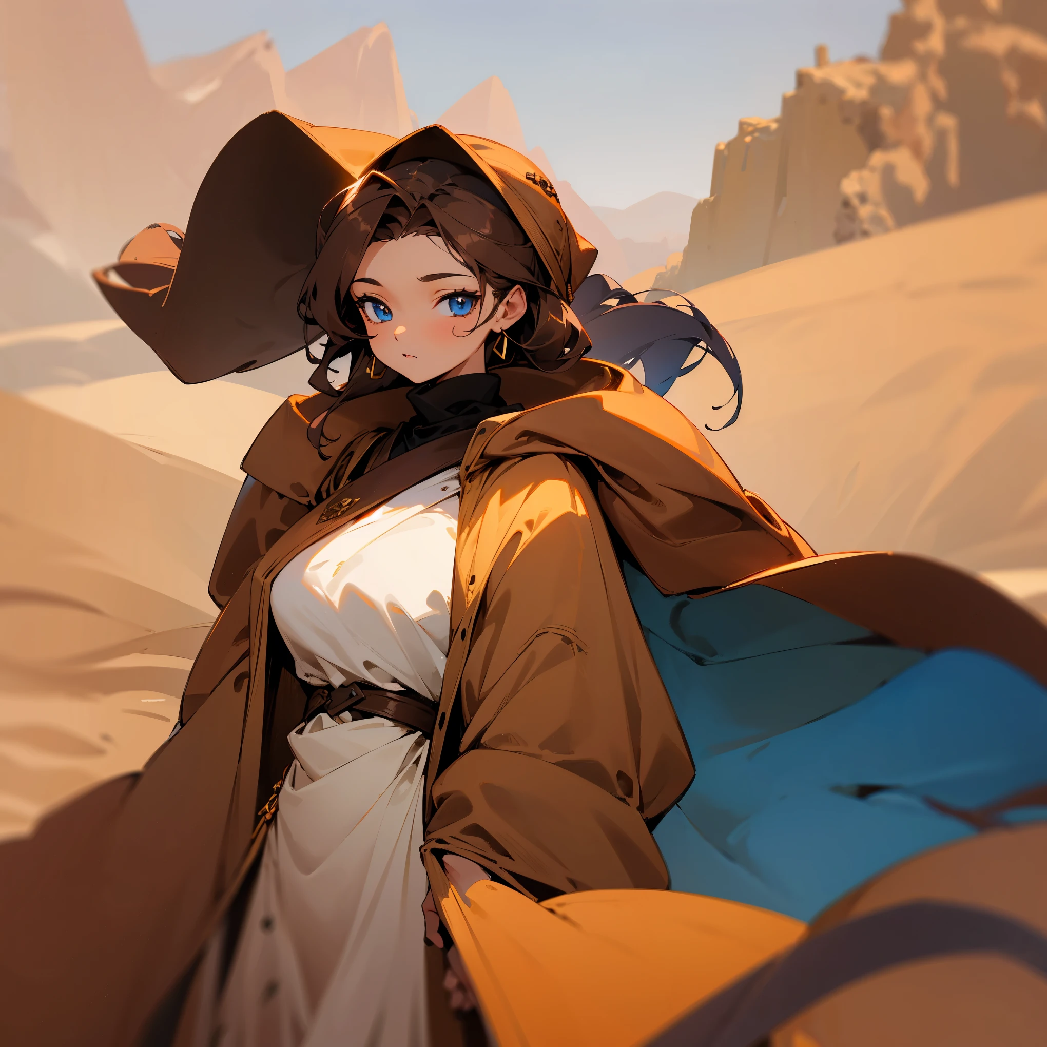 1female , Brown Robes , Desert Background , Brown Turban , Long Wavy Dark Brown Hair , Bright Blue Eyes , adult female , Curvy , Perfect Generation