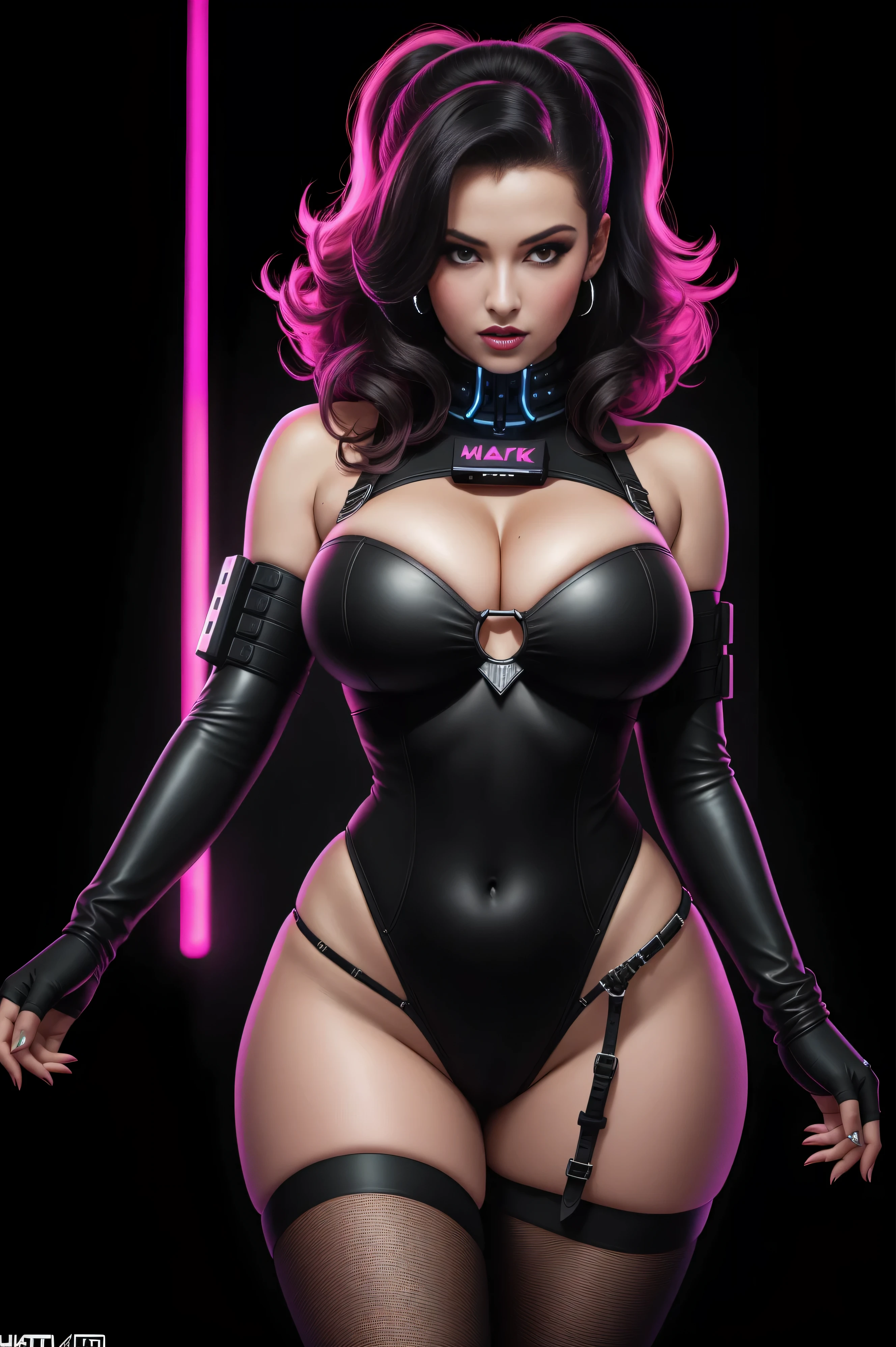 there is Rita Hayworth, standing, thick thighack to camera:1.6)), 3 d neon art of a woman's body, neon-noir background, cyberpunk femme fatale, seductive cyberpunk dark fantasy, cyberpunk strip clubs, cyberpunk 20 y. o model girl, oppai cyberpunk, banner, high definition cgsociety, cgsociety masterpiece, trending on cgstation, kda, random hair, looking at camera, gigantic breasts, cleavage, (high detailed skin:1.2), 8k uhd, dslr, super lighting, high quality, film grain, high res, highly detailed, hyper realistic, beautiful face, beautiful body, beautiful eyes nose lips, alluring expression, very bold, upper visible, full body photo, standing legs apart, pale translucent glowing skin, most beautiful face, cute, (well defined pubic hair:1.2)), (dark plain black background:1.4))