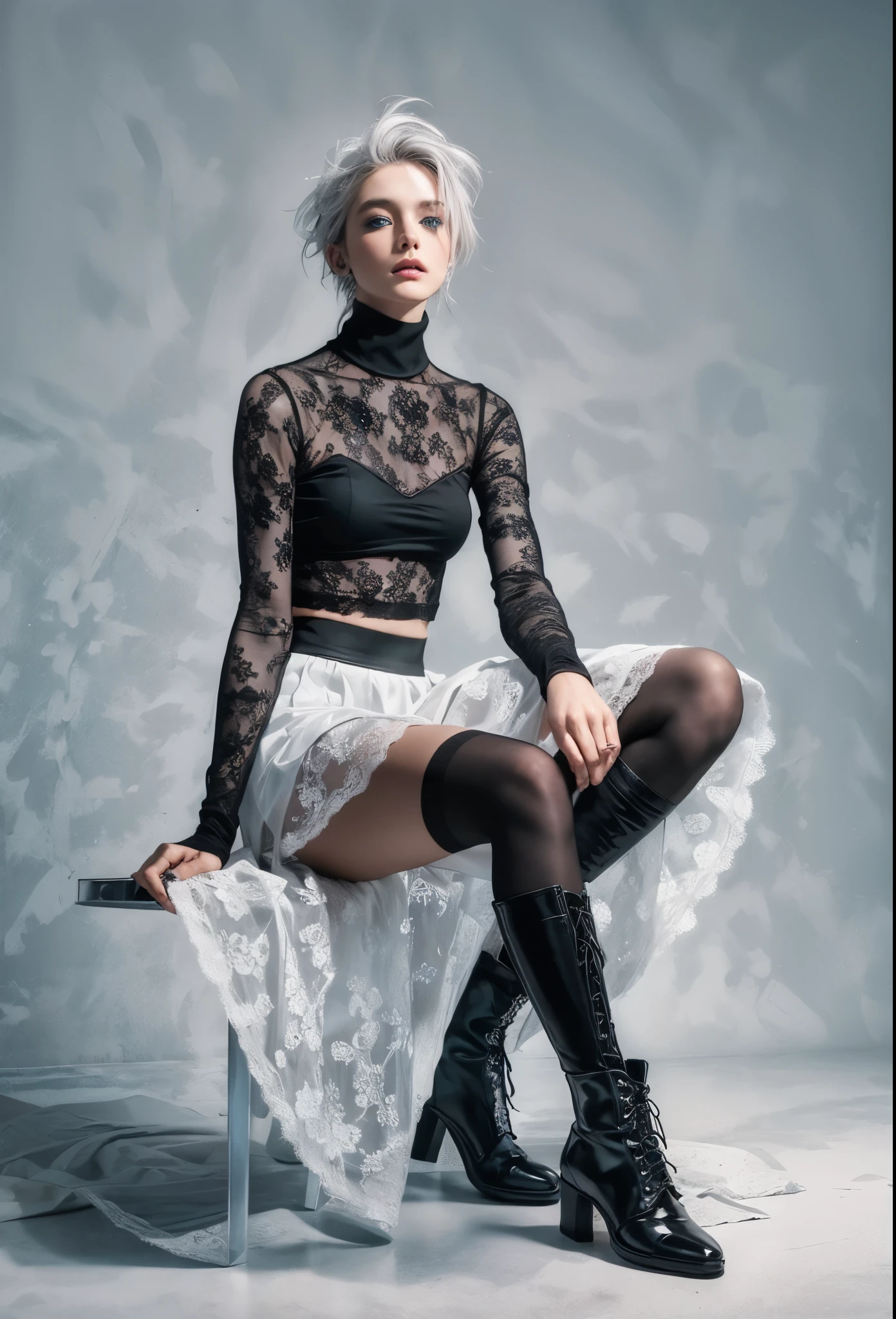 (Realistic:1.3), (all body, fashion portrait:1.6), ultra detailed, beautiful, masterpiece, best quality, _ BREAK Beautiful and cute perfect model, Tightened all body, Medium Breasts, small head, small face, diamond Face, small nose, Sharp Faceline, BREAK (short hair), _ BREAK (gray background), Fog, mist, _ BREAK (wide angle, from below:1.2), (sitting, fashion model pose:1.6), (from front white lightning:1.2),
BREAK (mode fashion collection Nostalgic theme:1.4), (black theme:1.4), (black mode fashion:1.2), (turtleneck:1.2), BREAK (mode fashion of lace and nylon:1.4), (A skirt made big and complicated, Artistic maxi skirt:1.4), BREAK (cotton black Socks:1.2), boots taste Sneaker, (gray hair, blue eyes:1.4),