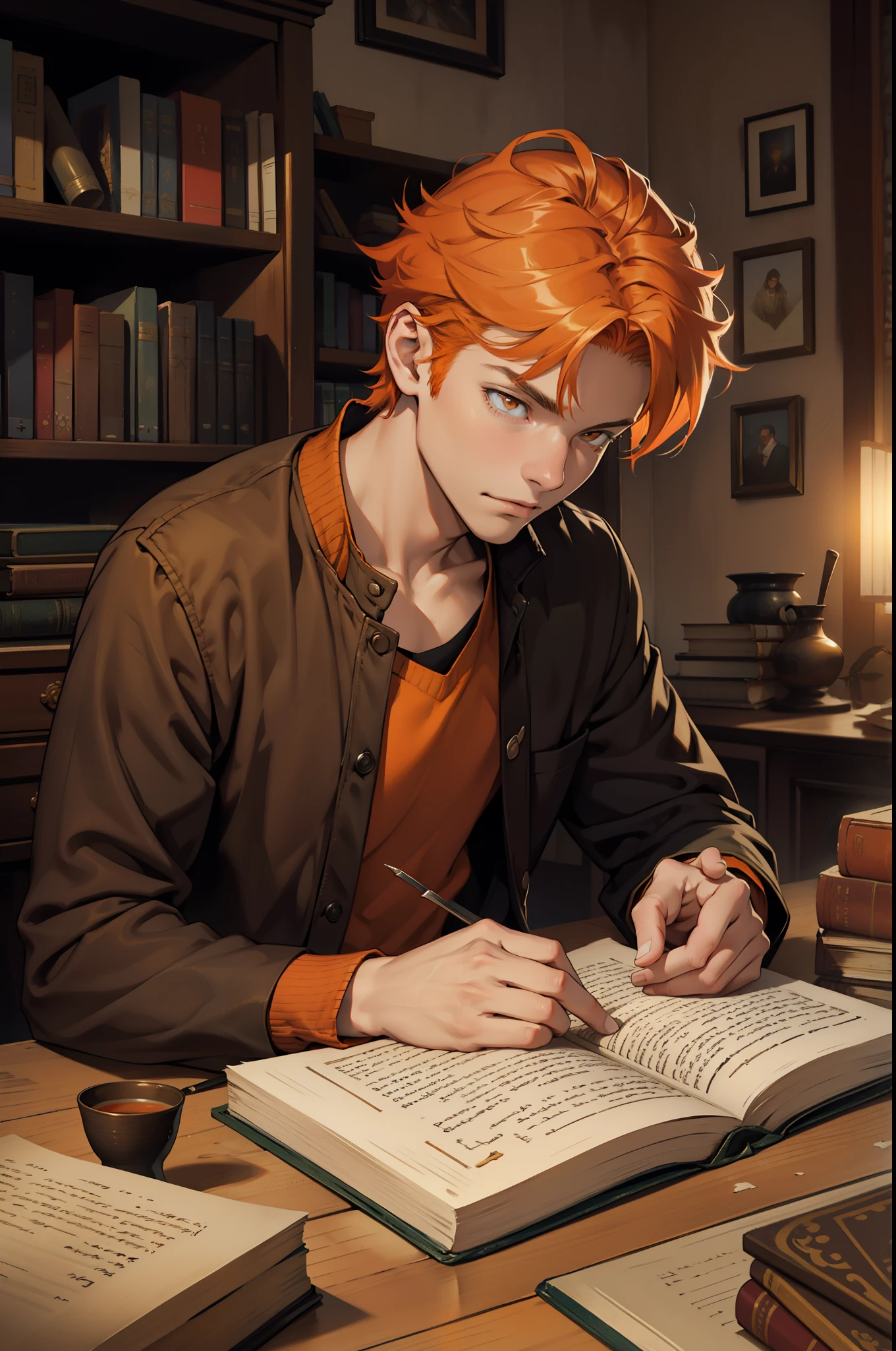 beautiful young man of with orange hair and orange eyes is looking at the pages of an old book