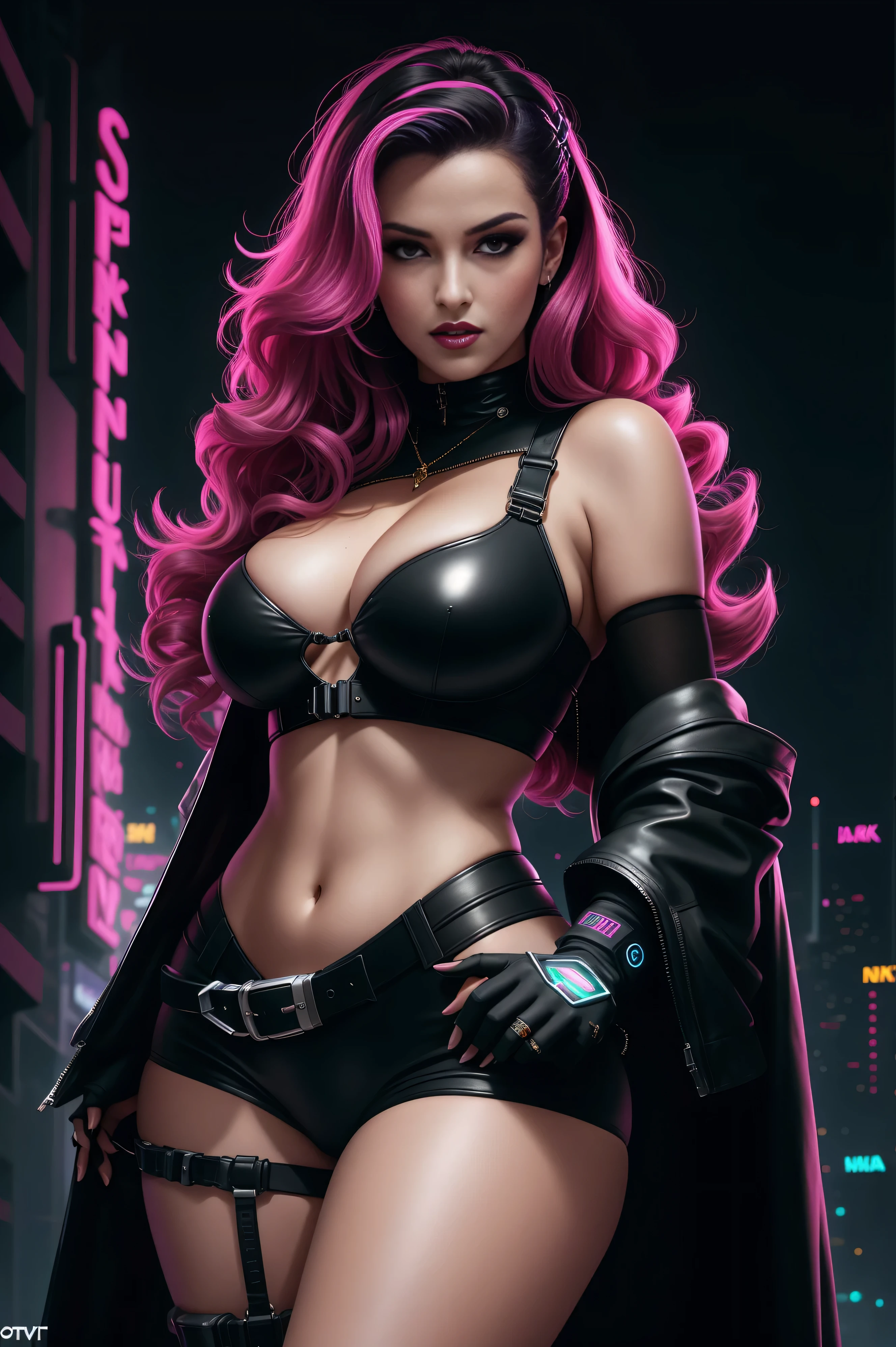 there is Rita Hayworth, standing, thick thighack to camera:1.6)), 3 d neon art of a woman's body, neon-noir background, cyberpunk femme fatale, seductive cyberpunk dark fantasy, cyberpunk strip clubs, cyberpunk 20 y. o model girl, oppai cyberpunk, banner, high definition cgsociety, cgsociety masterpiece, trending on cgstation, kda, random hair, looking at camera, gigantic breasts, cleavage, (high detailed skin:1.2), 8k uhd, dslr, super lighting, high quality, film grain, high res, highly detailed, hyper realistic, beautiful face, beautiful body, beautiful eyes nose lips, alluring expression, very bold, upper  visible, full body photo, standing legs apart, pale translucent glowing skin, most beautiful face, cute, (well defined pubic hair:1.2)), (dark plain black background:1.4))