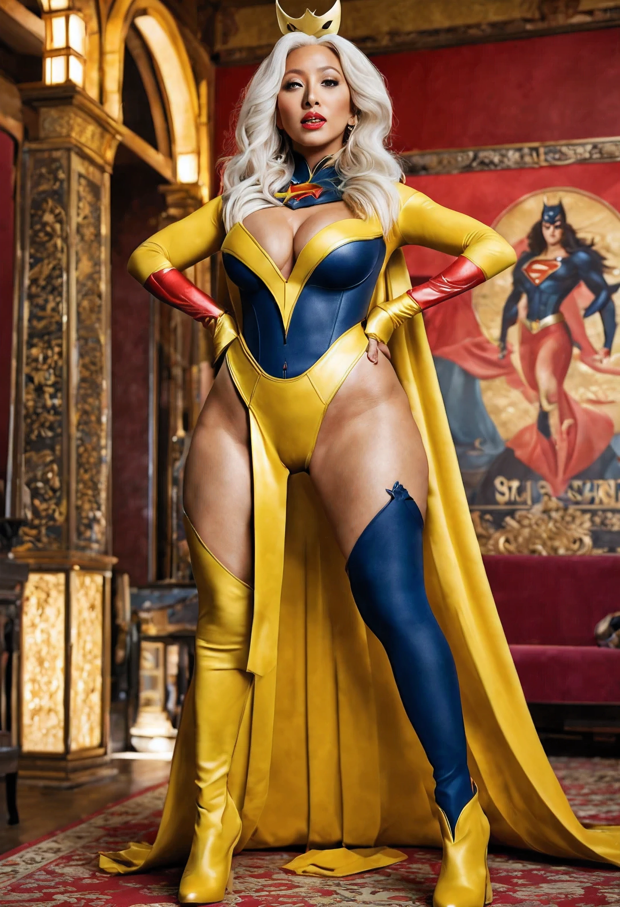 Foto de cuerpo entero de Christina Aguilera., big ass huge queen lady chinese dynasty empress hot full body show, 8K, fotorrealista, extreme low angle,Una obra maestra, pegatina de una batgirl/supergirl de dc comic vistiendo un disfraz amarillo alternativo culo grande piernas abiertas muestra vulva::7