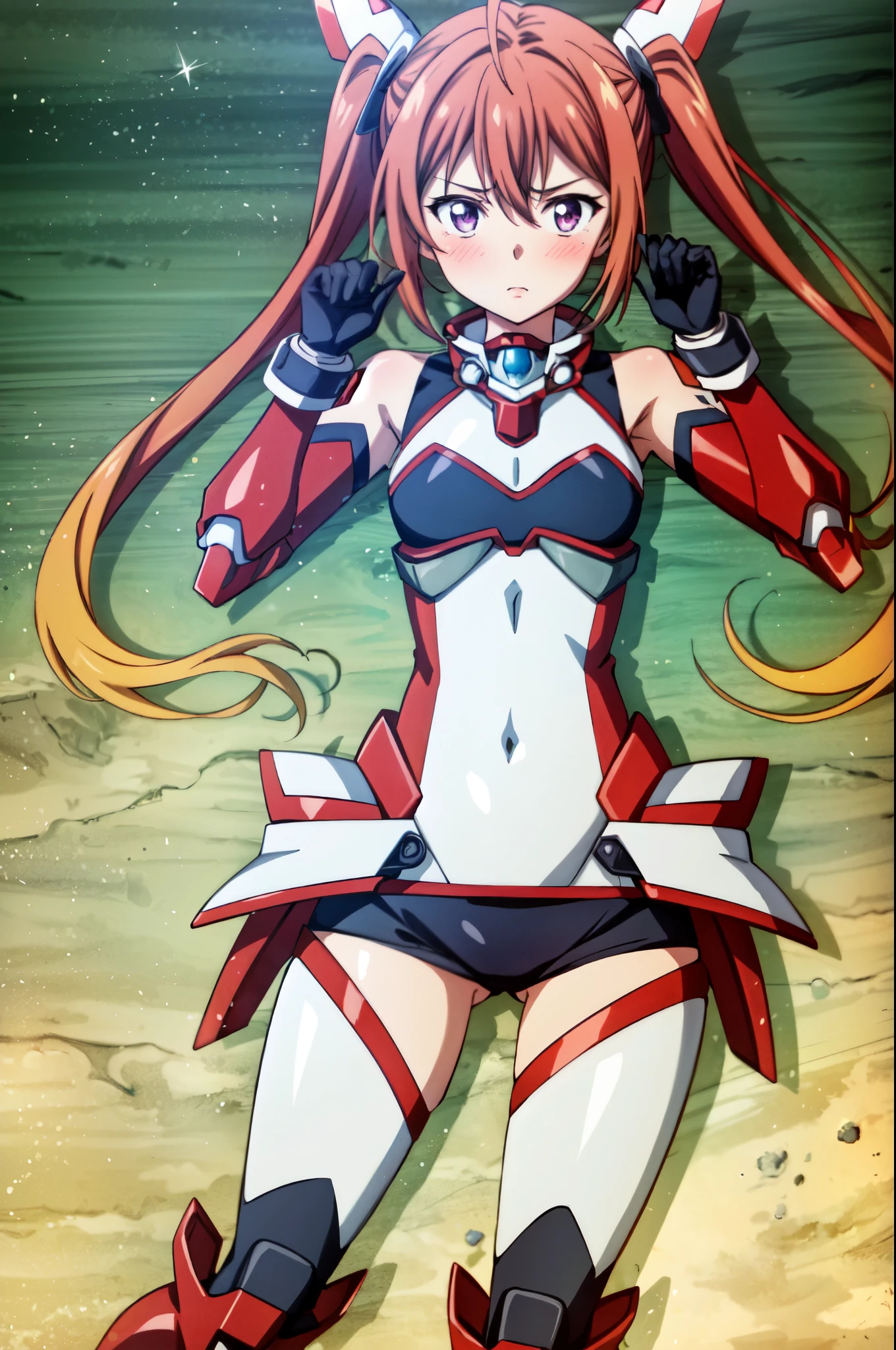 1girl, tailred, twintails, armor, red hair, very long hair, (detailed violet eyes), ((B cup)), tail gear, (((mecha bodysuit with black top and white bottom parts))), (black pants), (red thigh high boots), black thigh highs, (black elbow gloves), expressive eyes, looking at viewer, blush, cute, perfect face, (masterpiece), high resolution, best quality, splash anime art, 