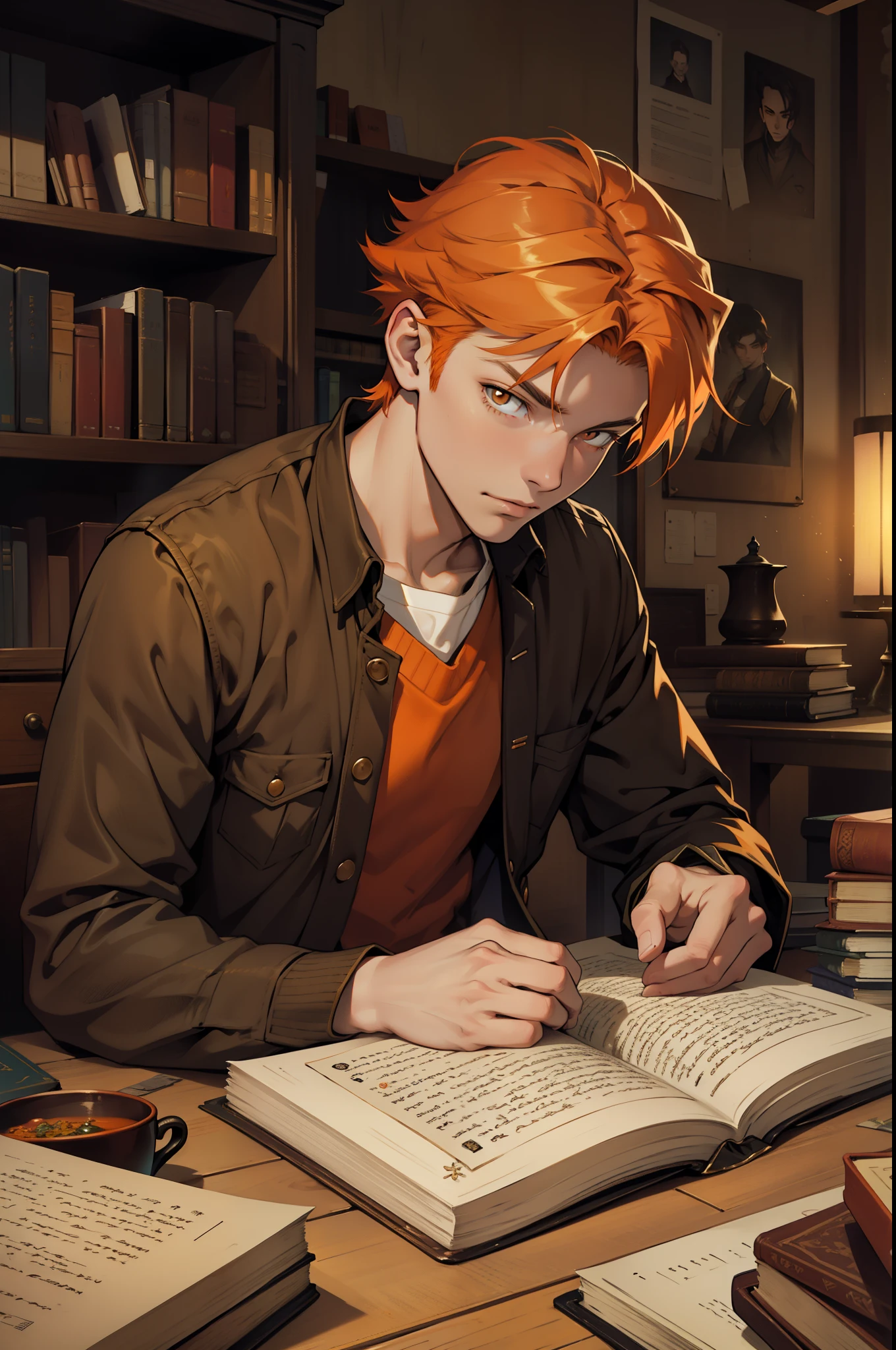 beautiful young man of 17 years old with orange hair and orange eyes is looking at the pages of an old book