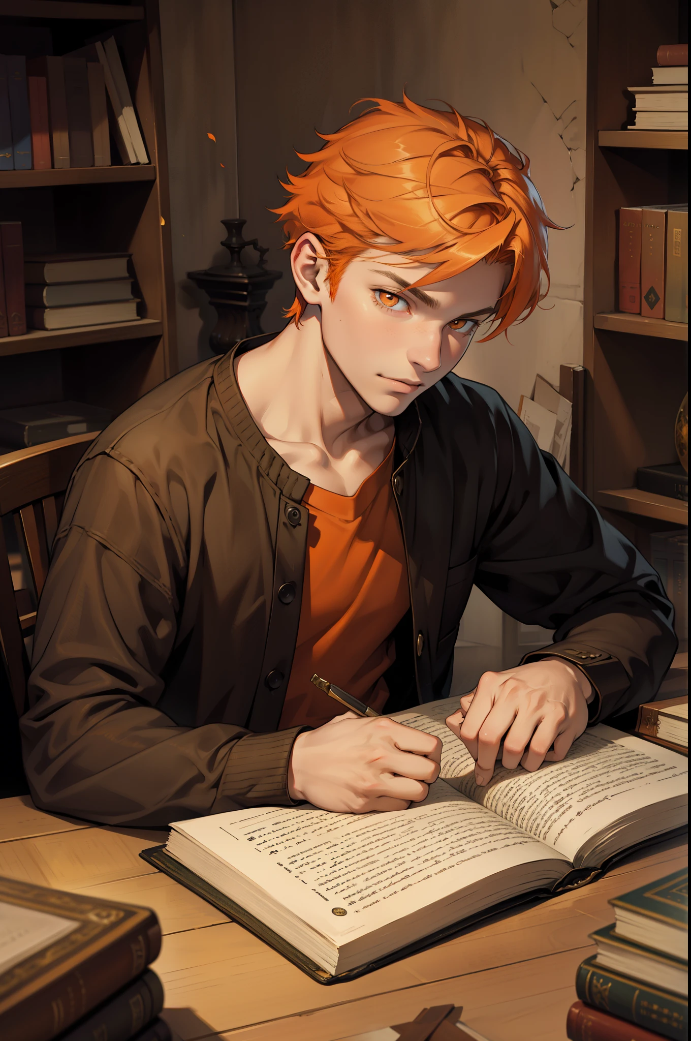 beautiful young man of ************ with orange hair and orange eyes is looking at the pages of an old book